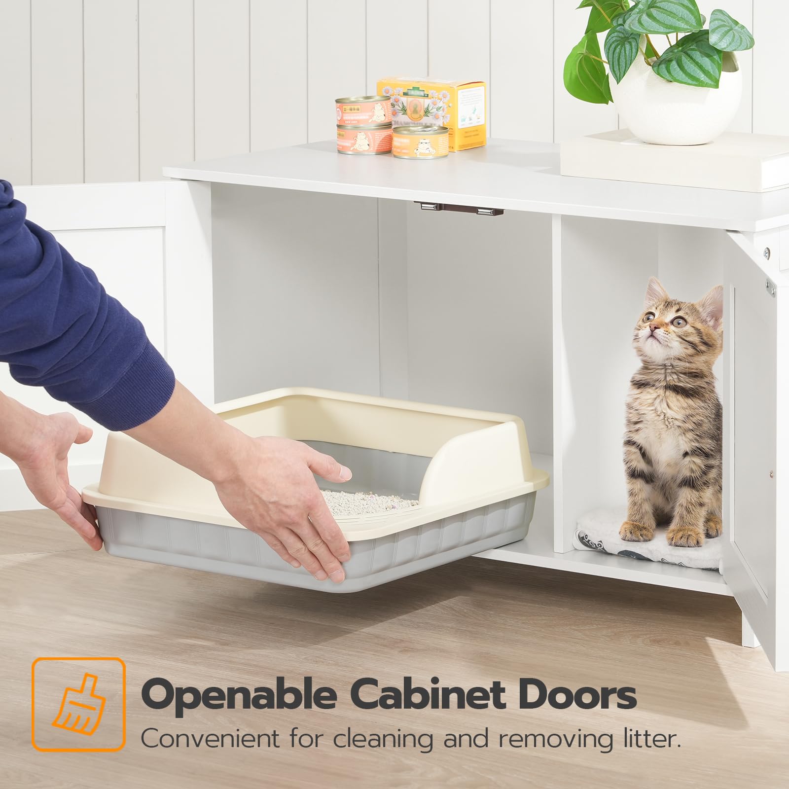 HOOBRO Litter Box Enclosure, Cat Litter Box Furniture with Removable Divider, Large Hidden Litter Box Furniture, Wooden Cat House, End Side Table, 31" L x 17.5" W x 19.7" H, Greige BG03MW01G2