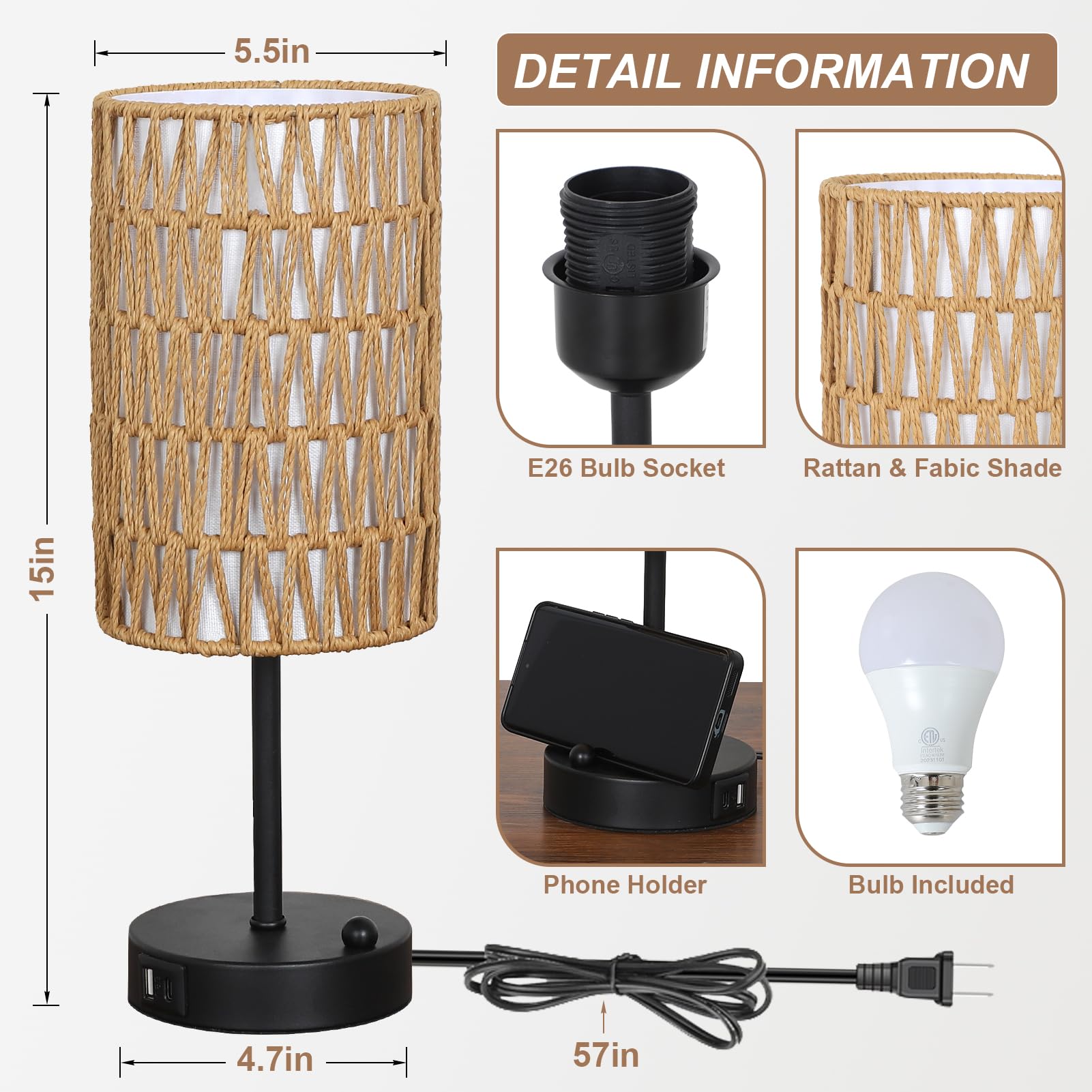 Rattan Bedside Table Lamps Set of 2 - Boho Lamps With 3 Color Temperatures & USB AC Port, Pull Chain Table Lamp For Bedroom, Cute Small Lamp For Nightstand Office Desk Bed Side End Table Living Room