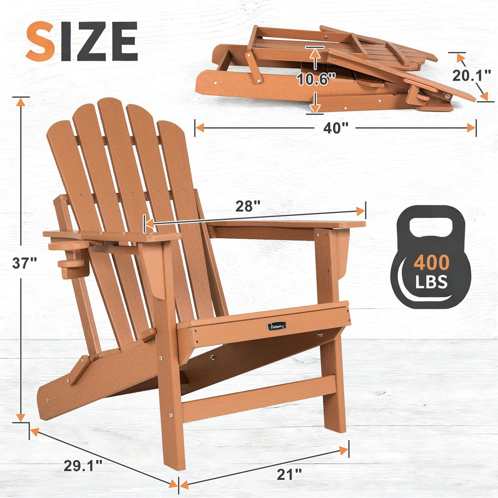 FUNBERRY Folding Adirondack Chair, Fire Pit Chairs with Cup Holder | HDPE All Weather, Quick-Folding, No Rot or Rust or Crack, UV Fade Shield, 400LBS Weight Capacity, Easy-Clean for Outside