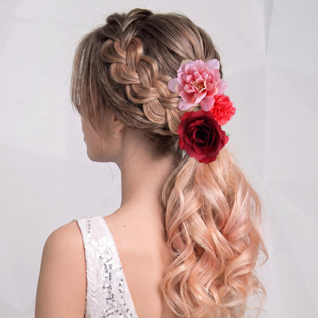 BBTO Flower Hair Clip Rose Hair Clips Barrettes for Women Flower Accessories Boho Bride Claw Clip Hairpin Brooch Pin Headpiece for Wedding(Beige Orange Series,21 Pcs)