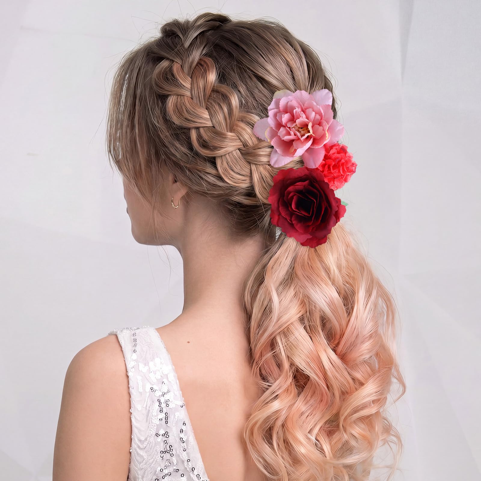 BBTO Flower Hair Clip Rose Hair Clips Barrettes for Women Flower Accessories Boho Bride Claw Clip Hairpin Brooch Pin Headpiece for Wedding(Beige Orange Series,21 Pcs)