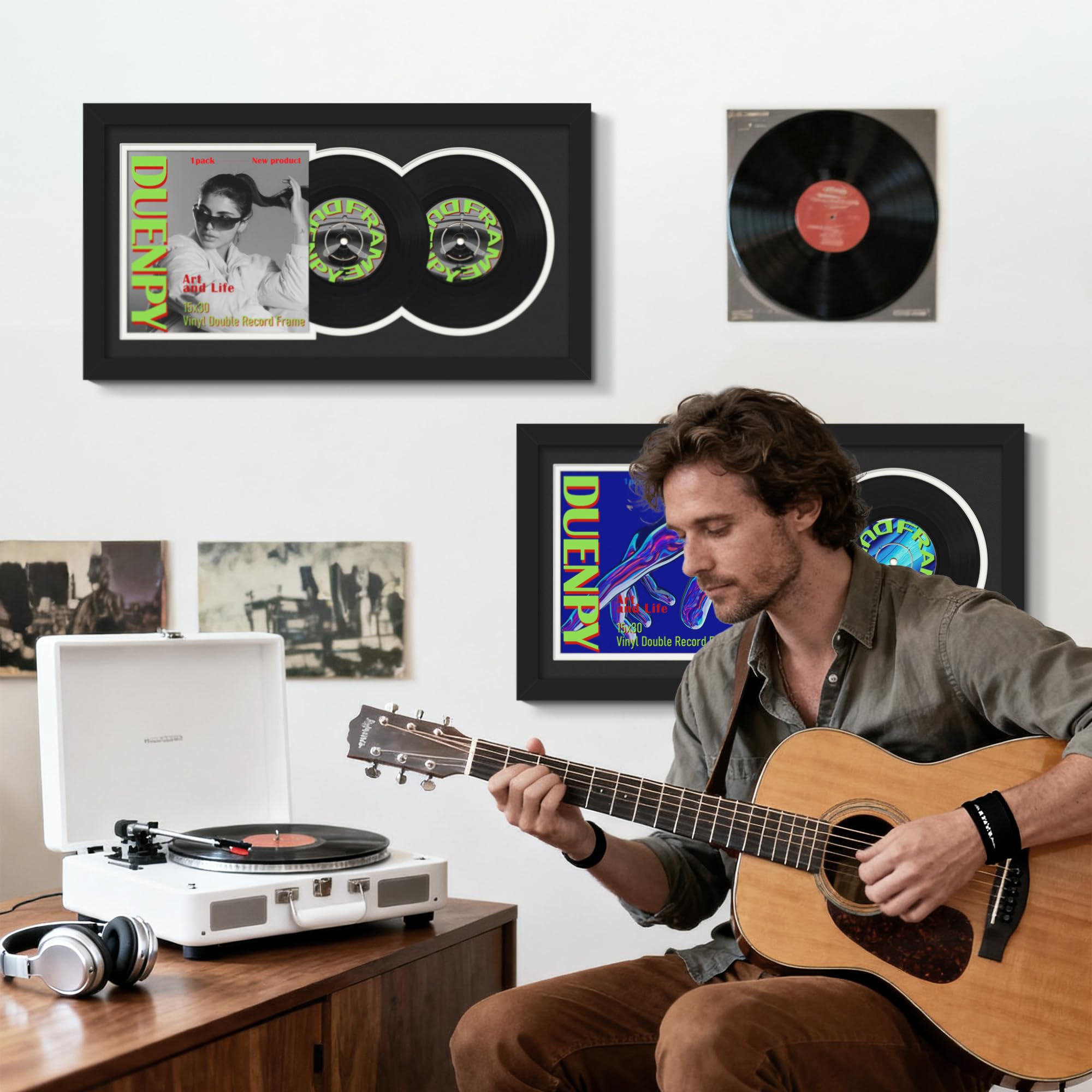 DUENPY Vinyl Record Display Frame 16x22 Inches Display Record Album and 12.5x12.5 Album Cover Art（Black Bottom Mat） Wall Mount