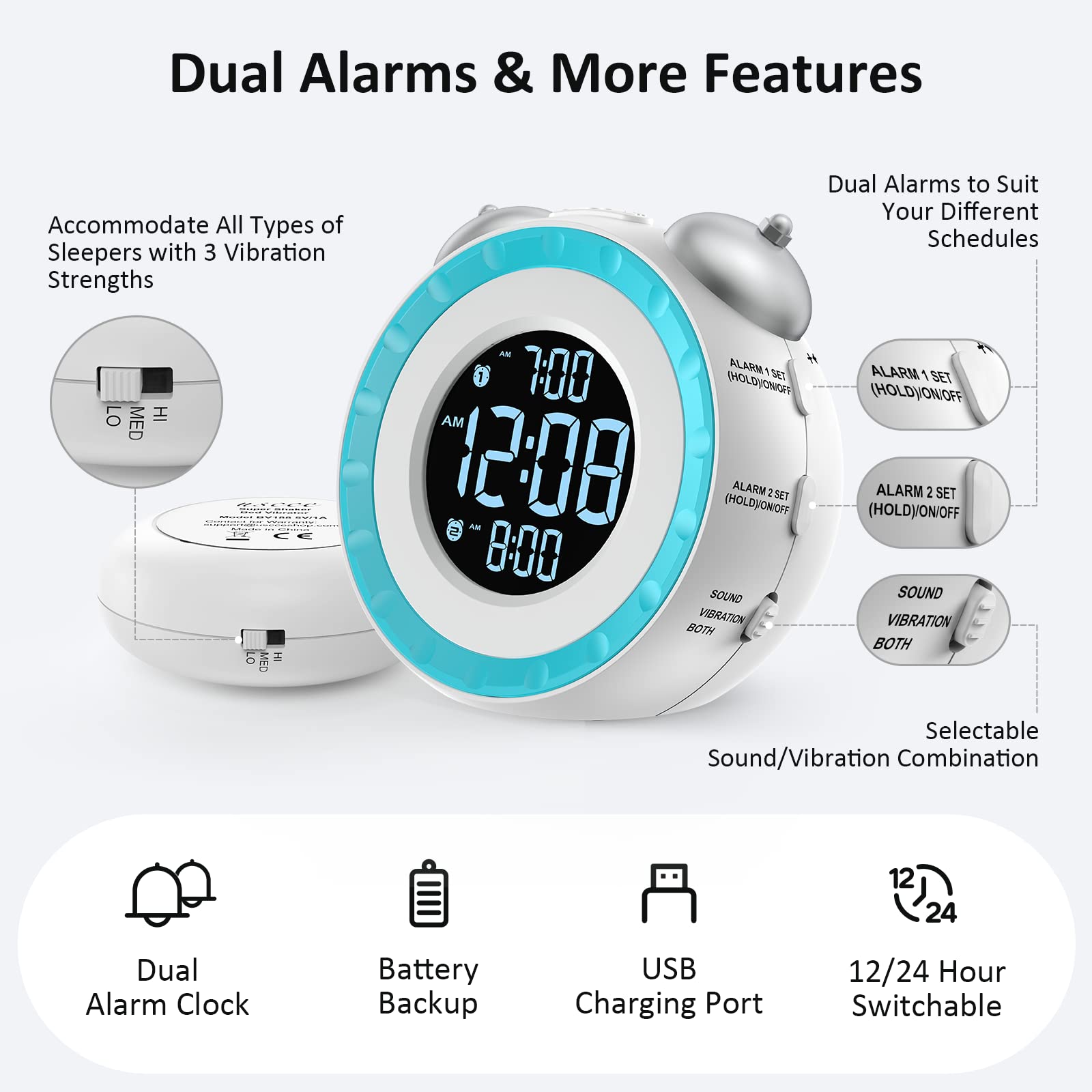 uscce Loud Dual Alarm Clock with Bed Shaker - 0-100% Dimmer, Vibrating Alarm Clock for Heavy Sleepers or Hearing Impaired, Easy to Set, USB Charging Port, Snooze, Battery Backup