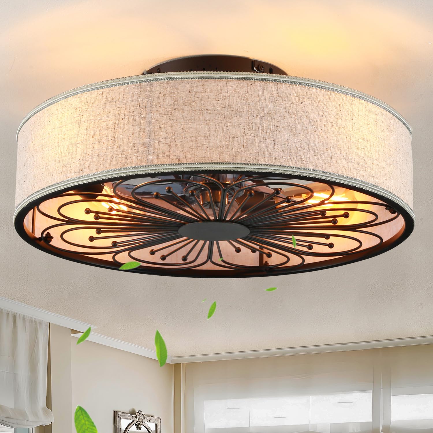 20" Boho Rattan Caged Ceiling Fan with Light,Low Profile Flush Mount Bladeless Ceiling Fan with Remote Control, 6 Speeds Reversible Silent Motor, Farmhouse Fabric Fandalier for Bedroom,Living Room