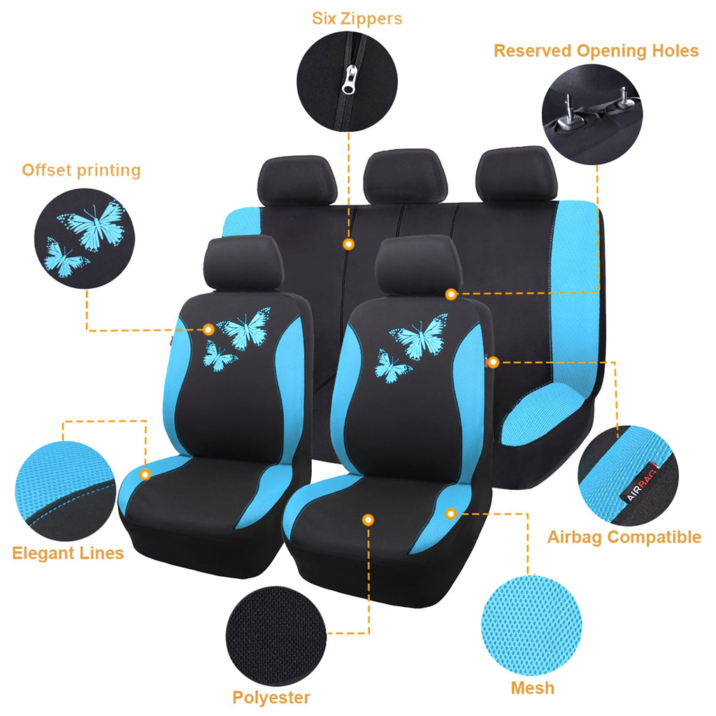 Flying Banner Butterfly car seat Covers ful Set Fashion Universal Lady Woman Female Rear Bench Split Colorized (2 Fronts, Mint Blue)