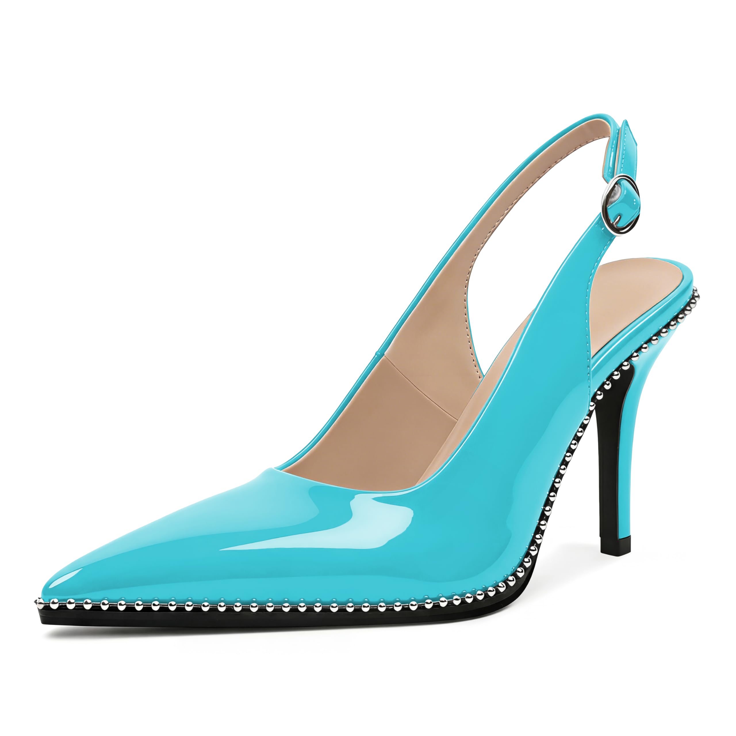 Zamikoo Women Beaded Pumps High Heel Slingback Pointed Toe Slip On 3.5 Inch Stilettos Ankle Strap Adjustable Buckle Patent Leather US Size 5 -Size 13
