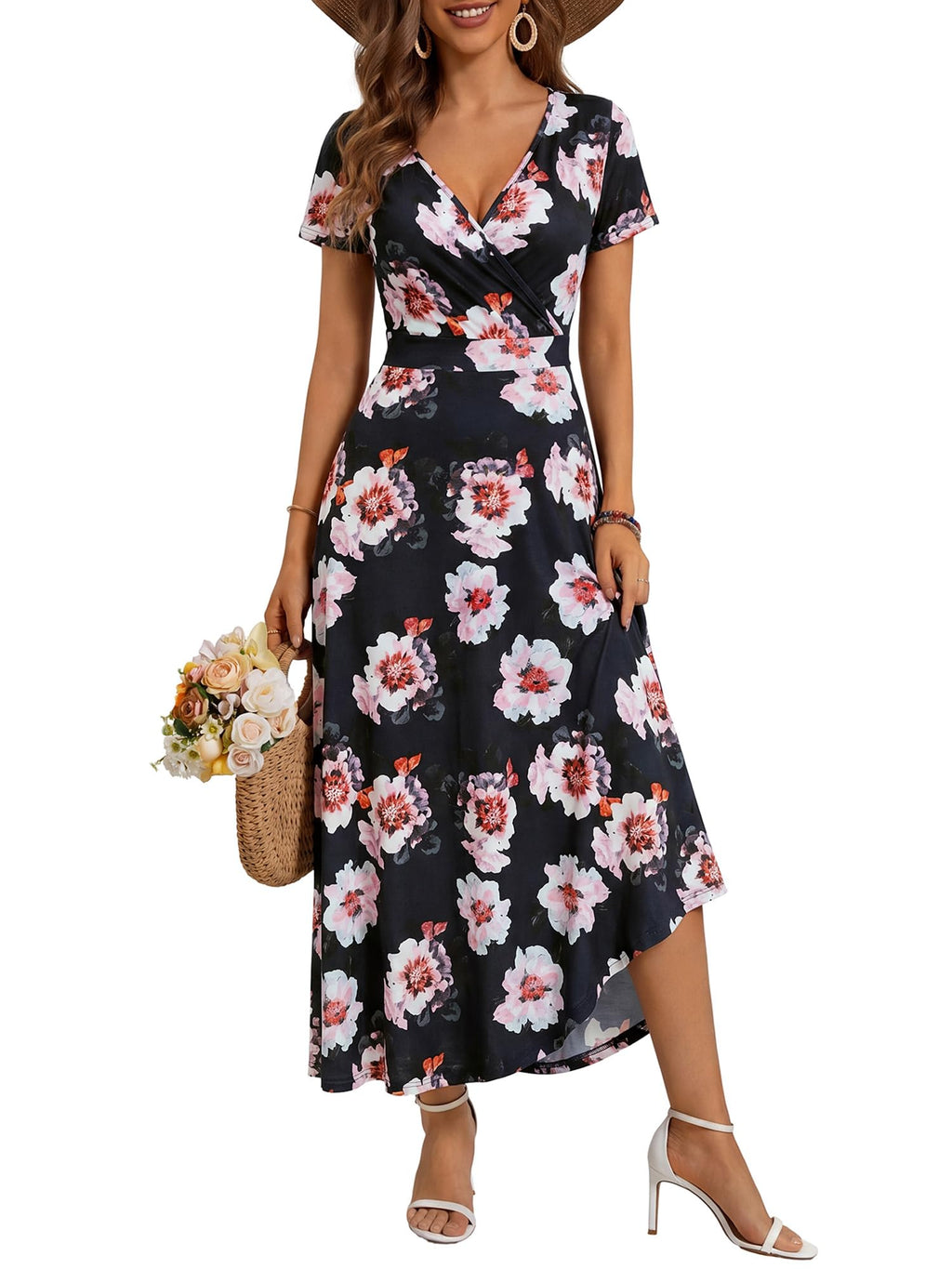 HUHOT Women's Short Sleeve Wrap V Neck Dresses for Wedding Guest Summer Floral Maxi Sundresses with Pockets Boho Dress