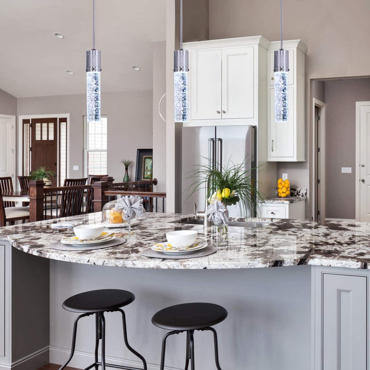 HAIXIANG Modern Kitchen Island Hanging Light Fixtures Crytstal Pendant Lighting for Kitchen Island Chrome Mini Chandelier with 6000K Daylight Bulb