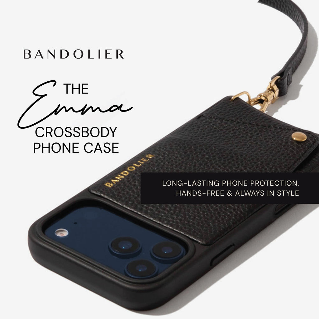 Bandolier Emma Crossbody Wallet Phone Case for iPhone 15 Pro Max. 100% Genuine Pebble Leather. Adjustable & Removable Crossbody Strap. Card Holder with Snap Closure. Black with Gold Hardware