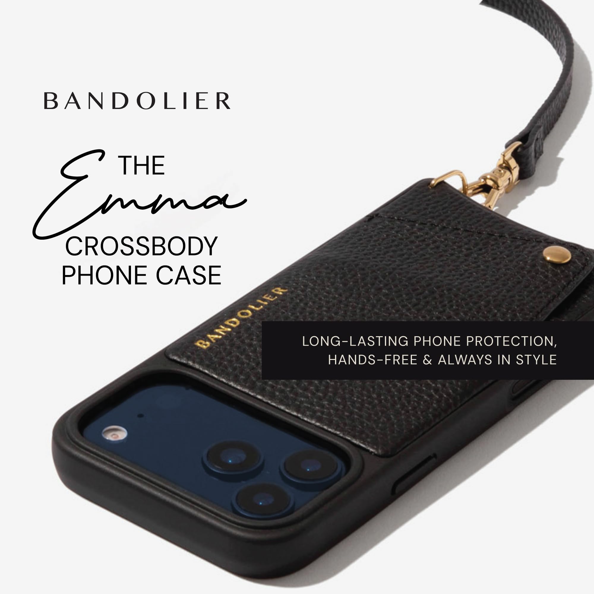 Bandolier Emma Crossbody Wallet Phone Case for iPhone 15 Pro Max. 100% Genuine Pebble Leather. Adjustable & Removable Crossbody Strap. Card Holder with Snap Closure. Black with Gold Hardware
