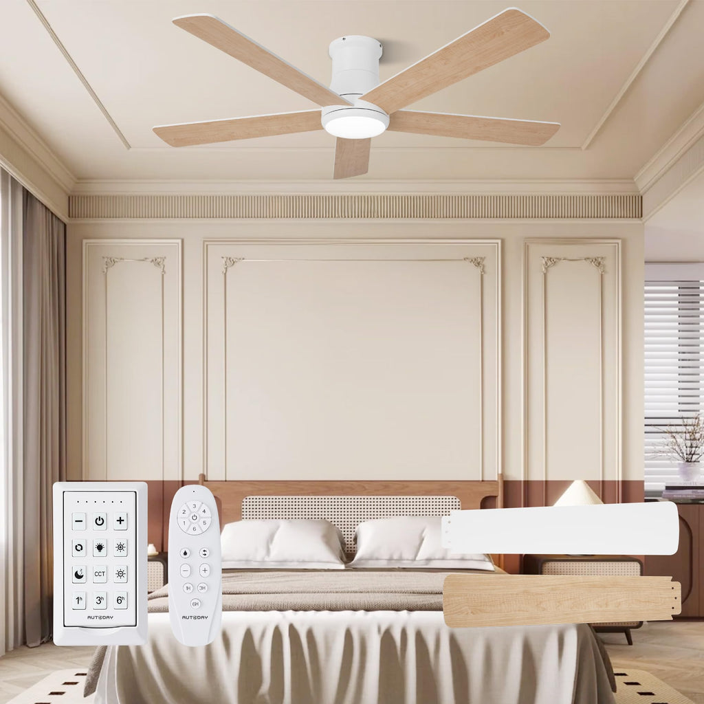 42 Inch Low Profile Ceiling Fan with Light, White Ceiling Fans with Lights and Remote, Flush Mount, 6 Speeds Reversible Quiet DC, 3CCT Dimmable, Indoor Outdoor Ceiling Fans for Patios Bedroom