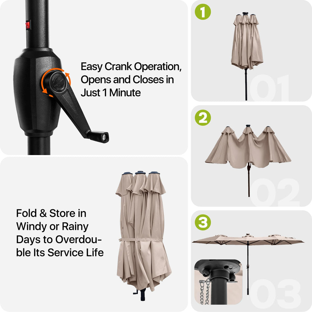 FREE SOLDIER 13ft Patio Umbrella Double Sided Outdoor Umbrella for Patio Table Umbrella with Solar lights for Garden Yard Pool (Beige)