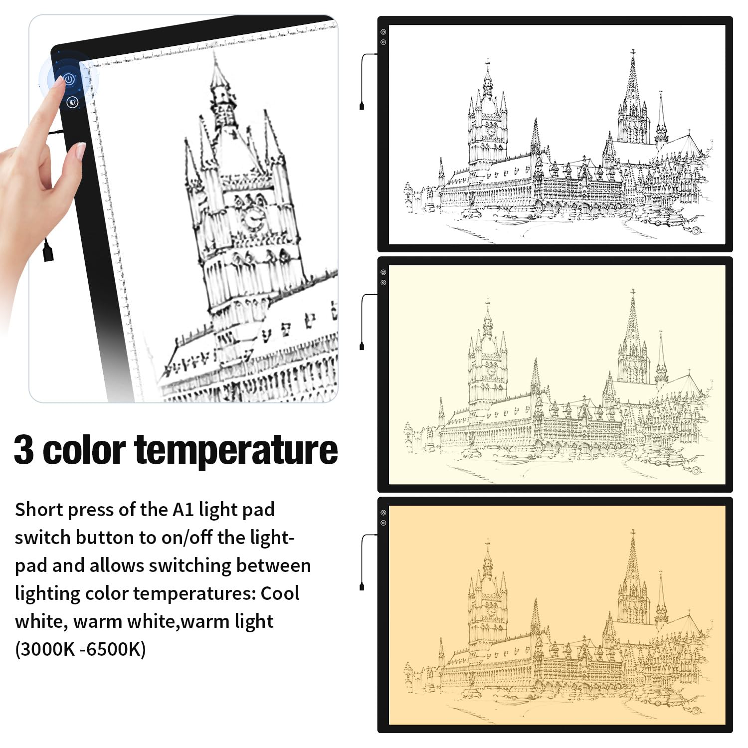 Zocelight A1(35.4''x 23.6'') Large Rechargeable Light Pad for Diamond Painting,6 Levels & Stepless Dimming Light Box for Tracing,3-Color Modes Light Board,Built-in 6000mAh Battery Light Table for Art