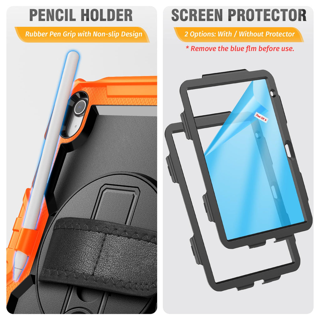 HXCASEAC Case for iPad 9th/8th/7th Generation 10.2 inch, with Pencil Holder, Screen Protector, Hand Strap, Heavy Duty Protective for iPad 9/8/7 Case 10.2-inch 2021/2020/2019, Orange