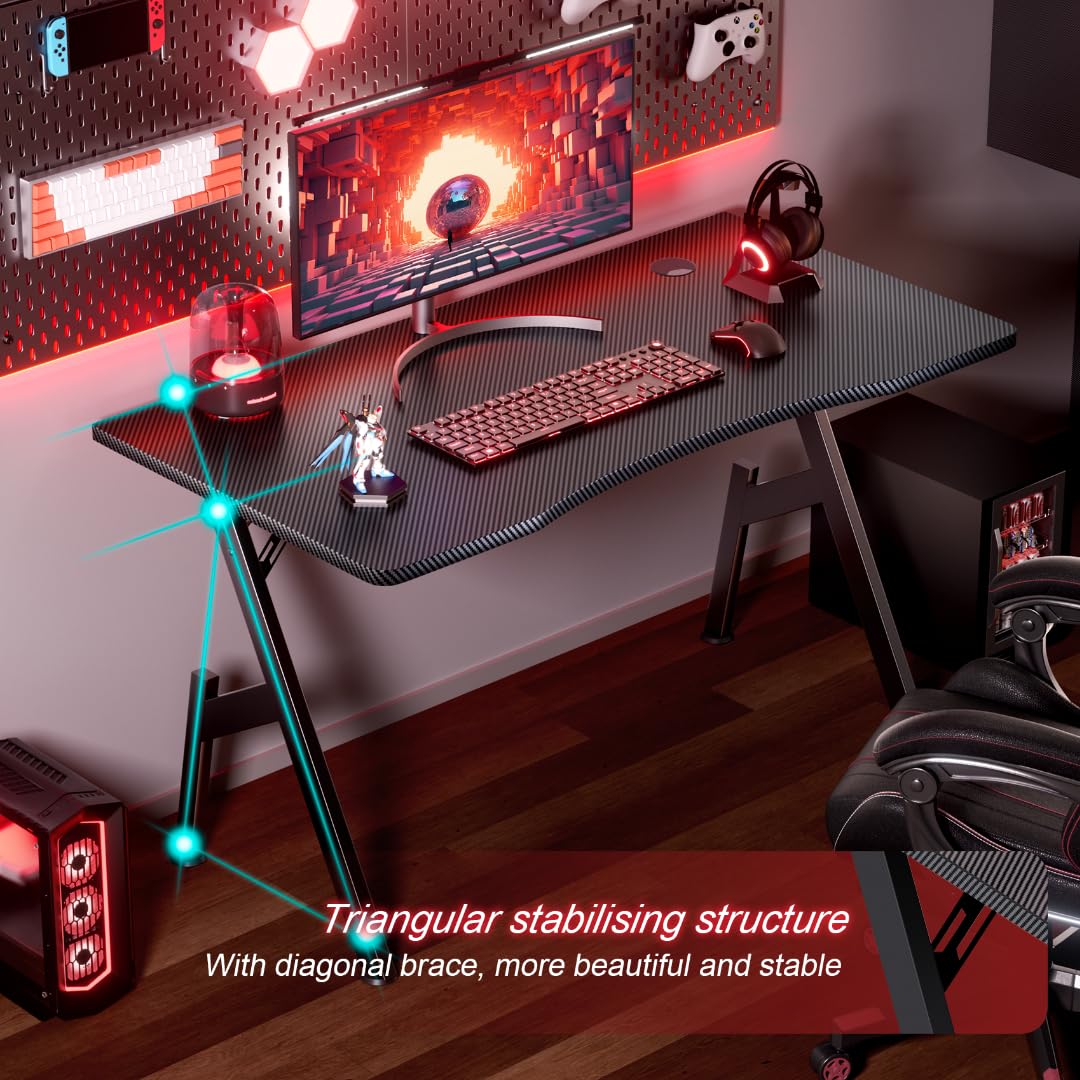 HLDIRECT 40 Inch Gaming Desk, Small Computer Gaming Desk Table with Cable Management, Ergonomic A Shape Modern Carbon Fiber Gamer Table Pc Workstation Home Office Desks for Small Space, Black