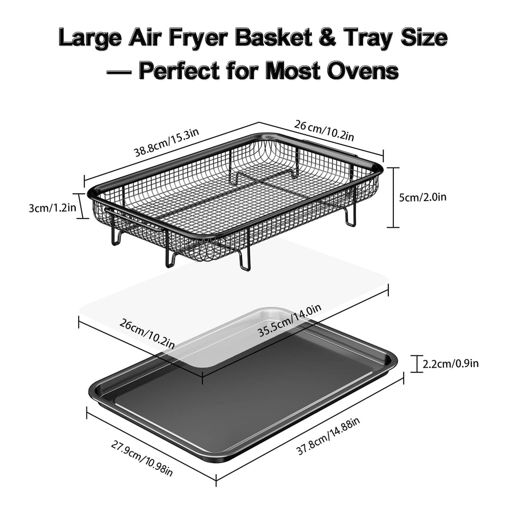 Air Fryer Basket for Oven, Large14.88"×10.98"Air Fryer Pans for Convection Oven with 30 Sheet Parchment Papers, THORSES Non-Stick Stainless Steel Air Fryer Basket and Tray for Multi Cooking - Black