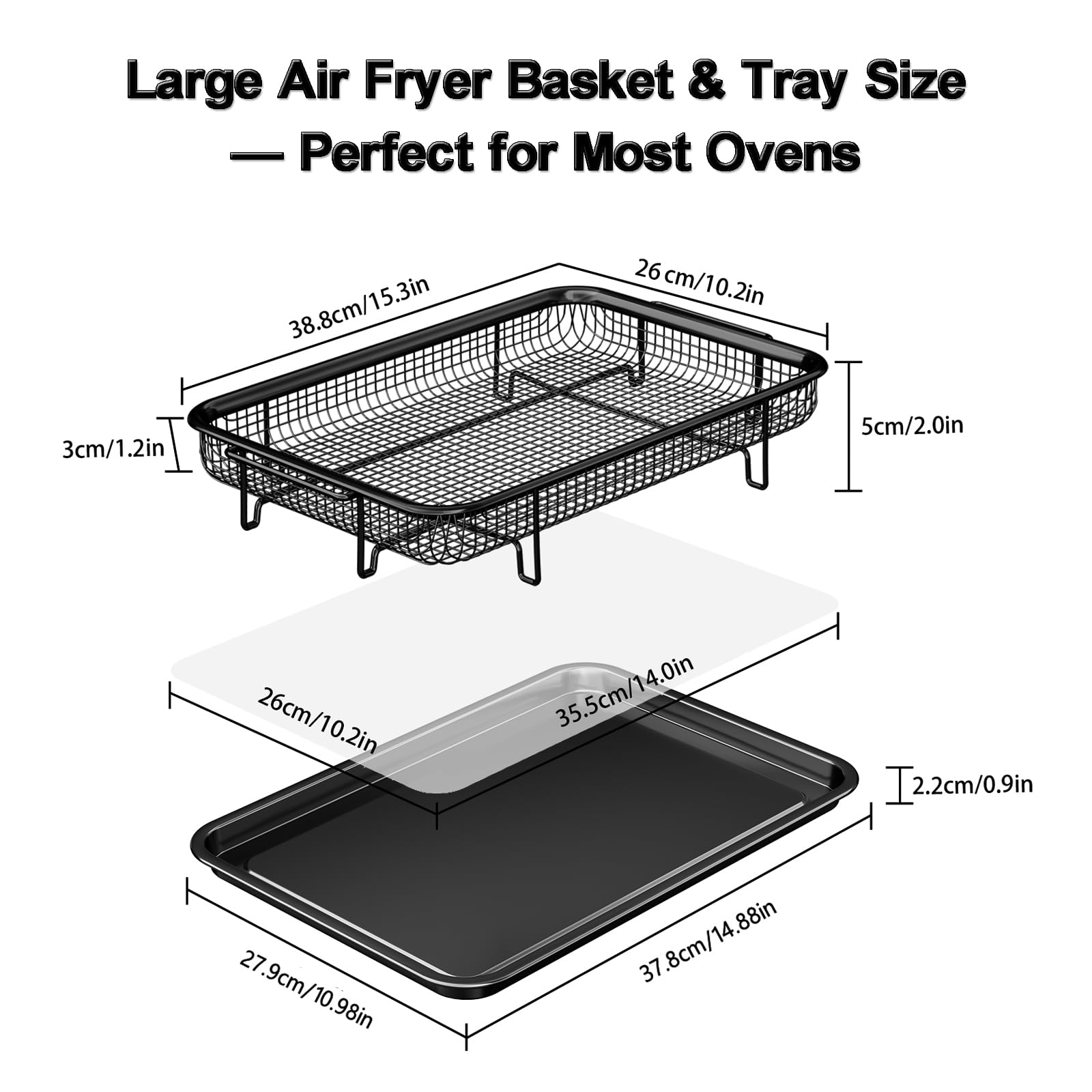 Air Fryer Basket for Oven, Large14.88"×10.98"Air Fryer Pans for Convection Oven with 30 Sheet Parchment Papers, THORSES Non-Stick Stainless Steel Air Fryer Basket and Tray for Multi Cooking - Black