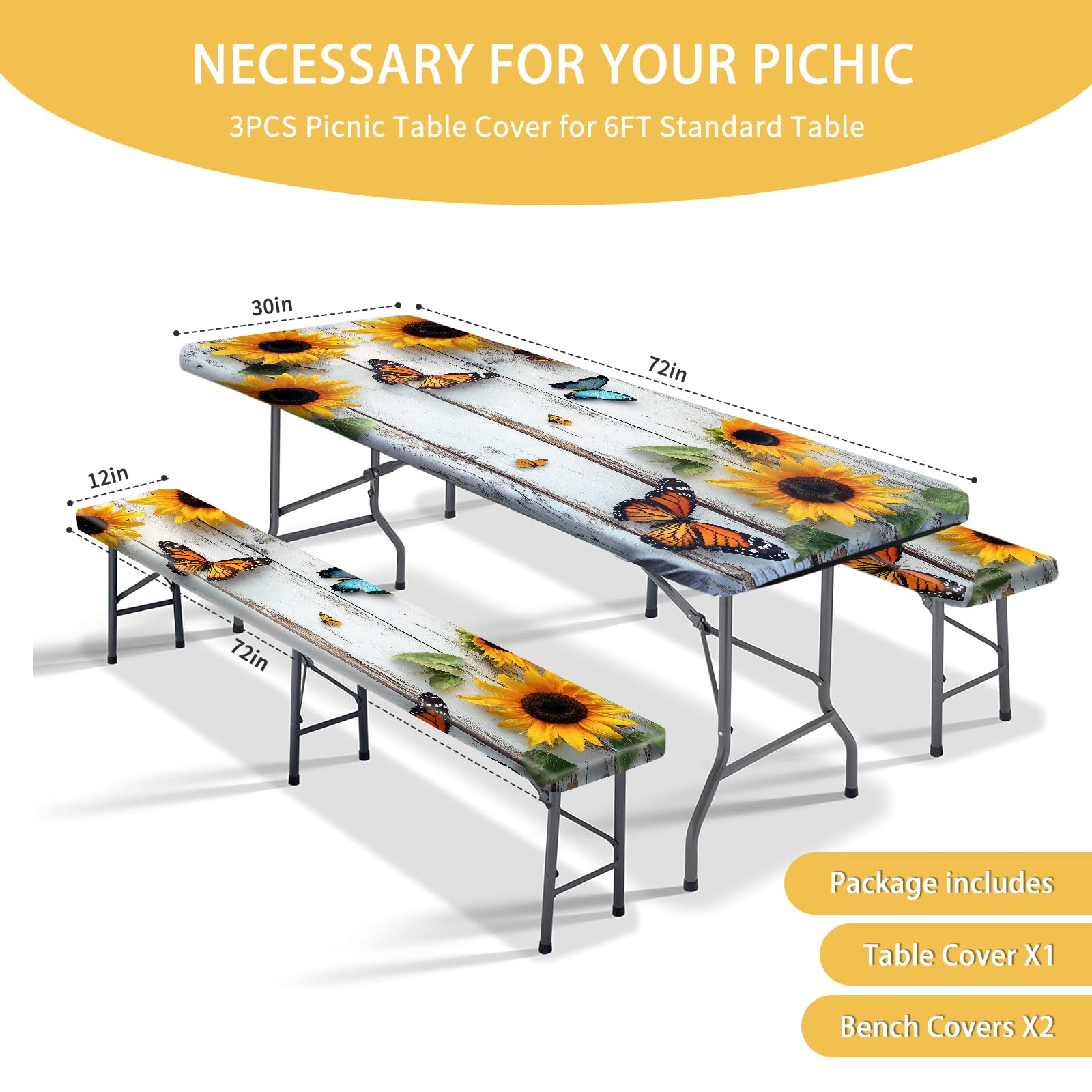 Park Picnic Table Cover with Bench Covers Lightweight Camping Essentials, Oil-Proof Waterproof 3PCS Tablecloth with Elastic, Fitted for Table 6FT Rectangle and Seats, American Flag Eagle (72x30in)