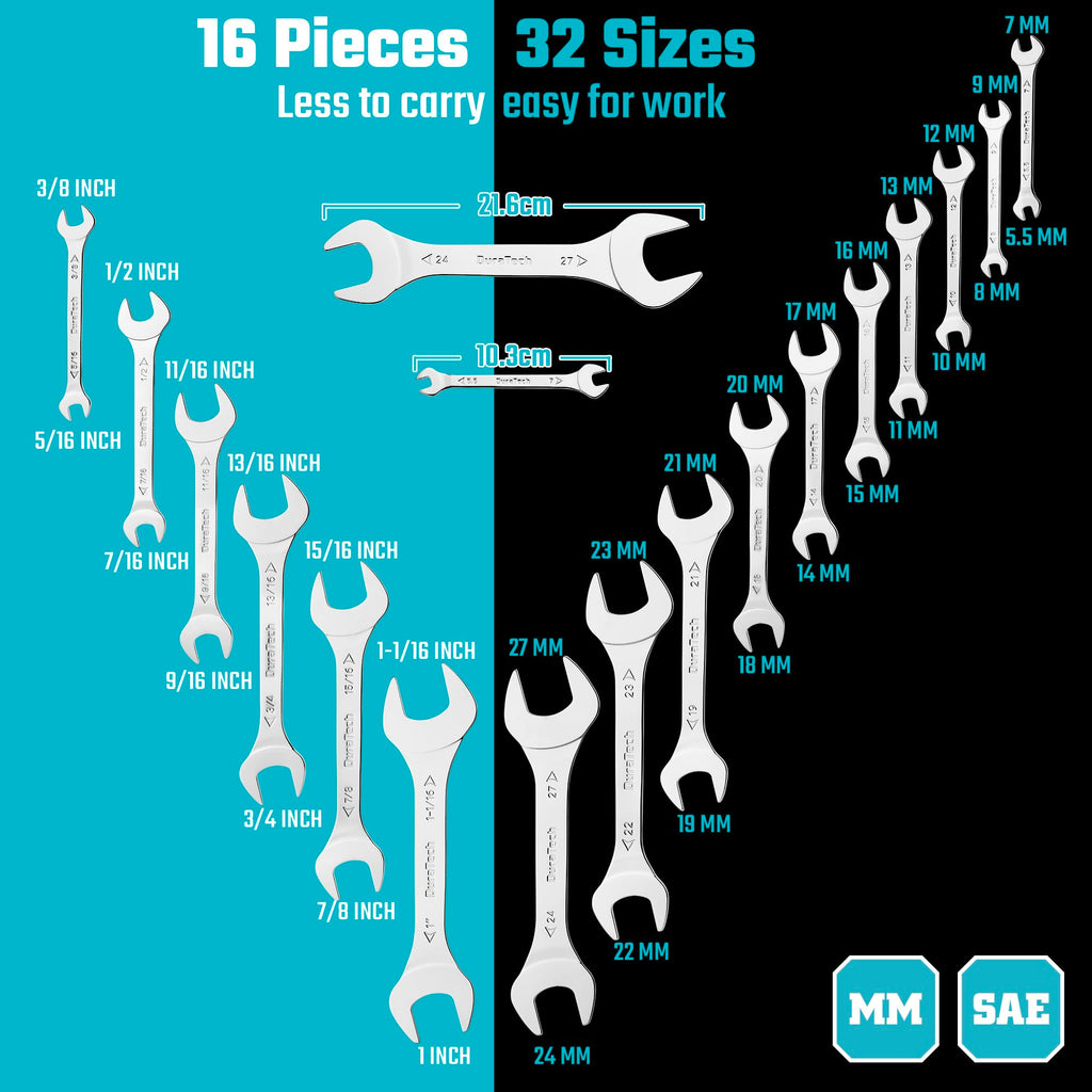 DURATECH Super-thin Open End Wrench Set, SAE(5/16" to 1-1/16") & Metric(5.5mm to 27mm), 16-Piece, Slim Spanner Wrench Set with EVA Tray Storage