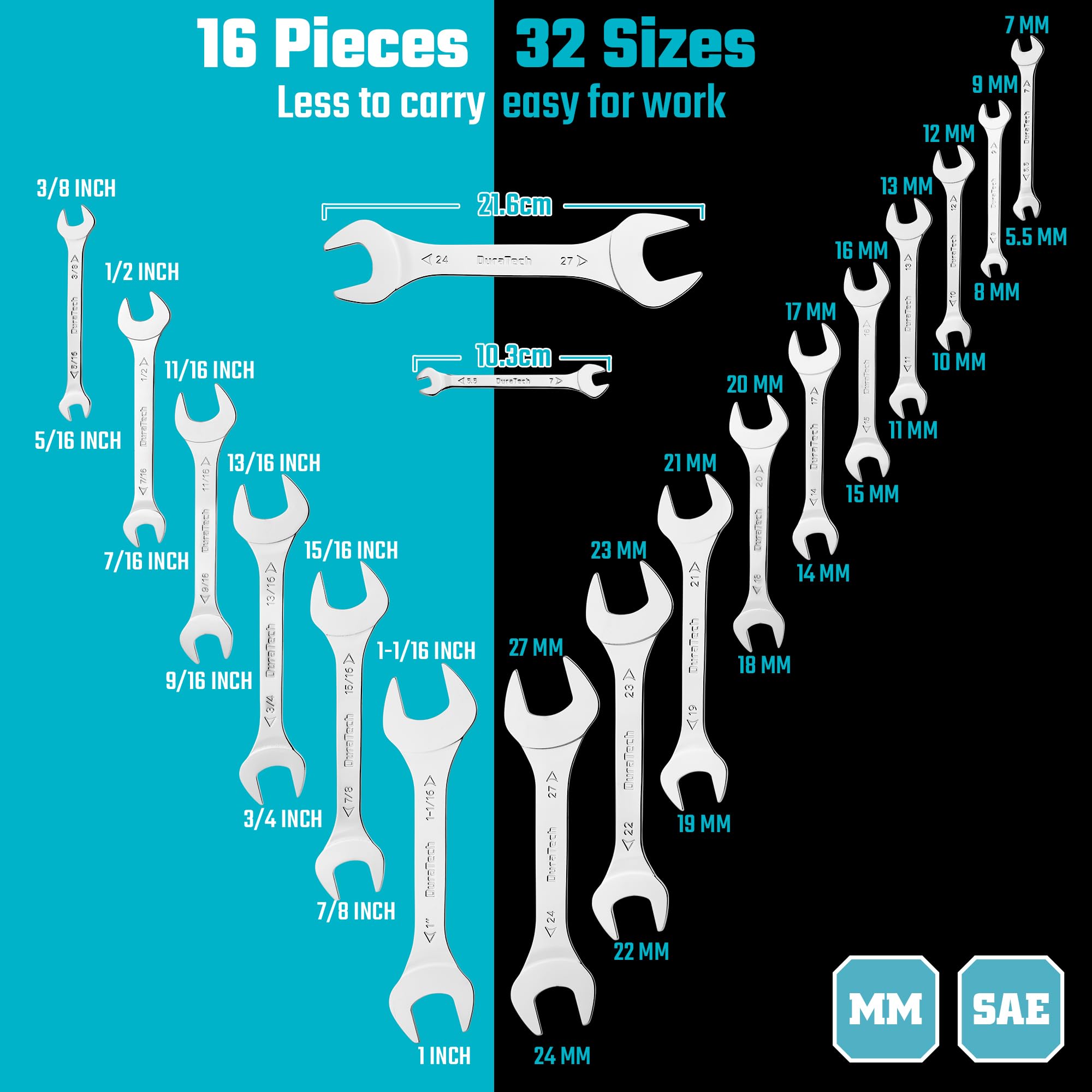 DURATECH Super-thin Open End Wrench Set, SAE(5/16" to 1-1/16") & Metric(5.5mm to 27mm), 16-Piece, Slim Spanner Wrench Set with EVA Tray Storage