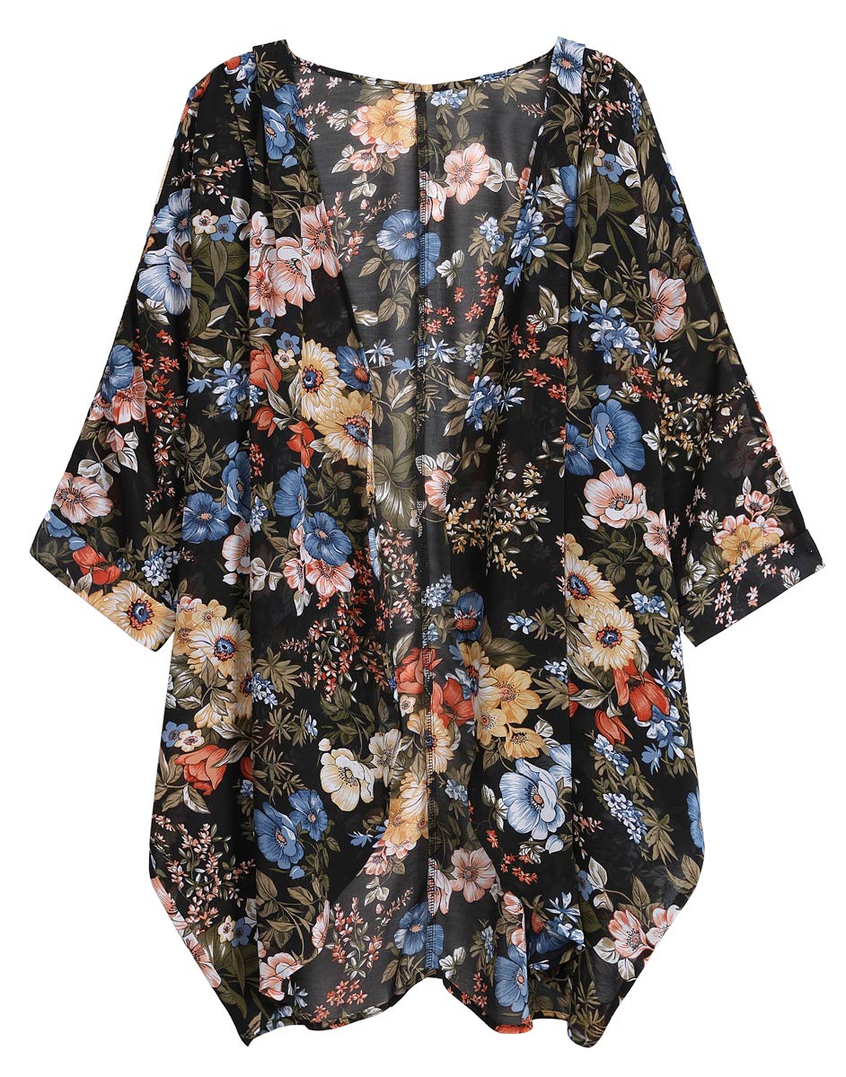 olrain Women's Floral Print Sheer Chiffon 3/4 Bat Sleeve Casual Loose Kimono Cardigan Capes