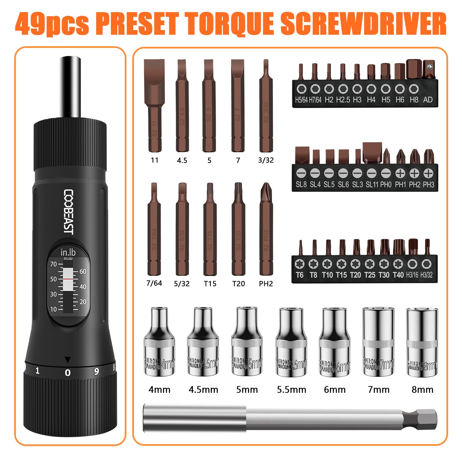 coobeast 13Pcs Preset Torque Screwdriver with S2 Bits, 1/4” Drive Torque Wrench Screwdriver Set for Maintenance, Tools, Bike Repairing and Mounting, Inch Pound Torque Range 10-70 In-lb