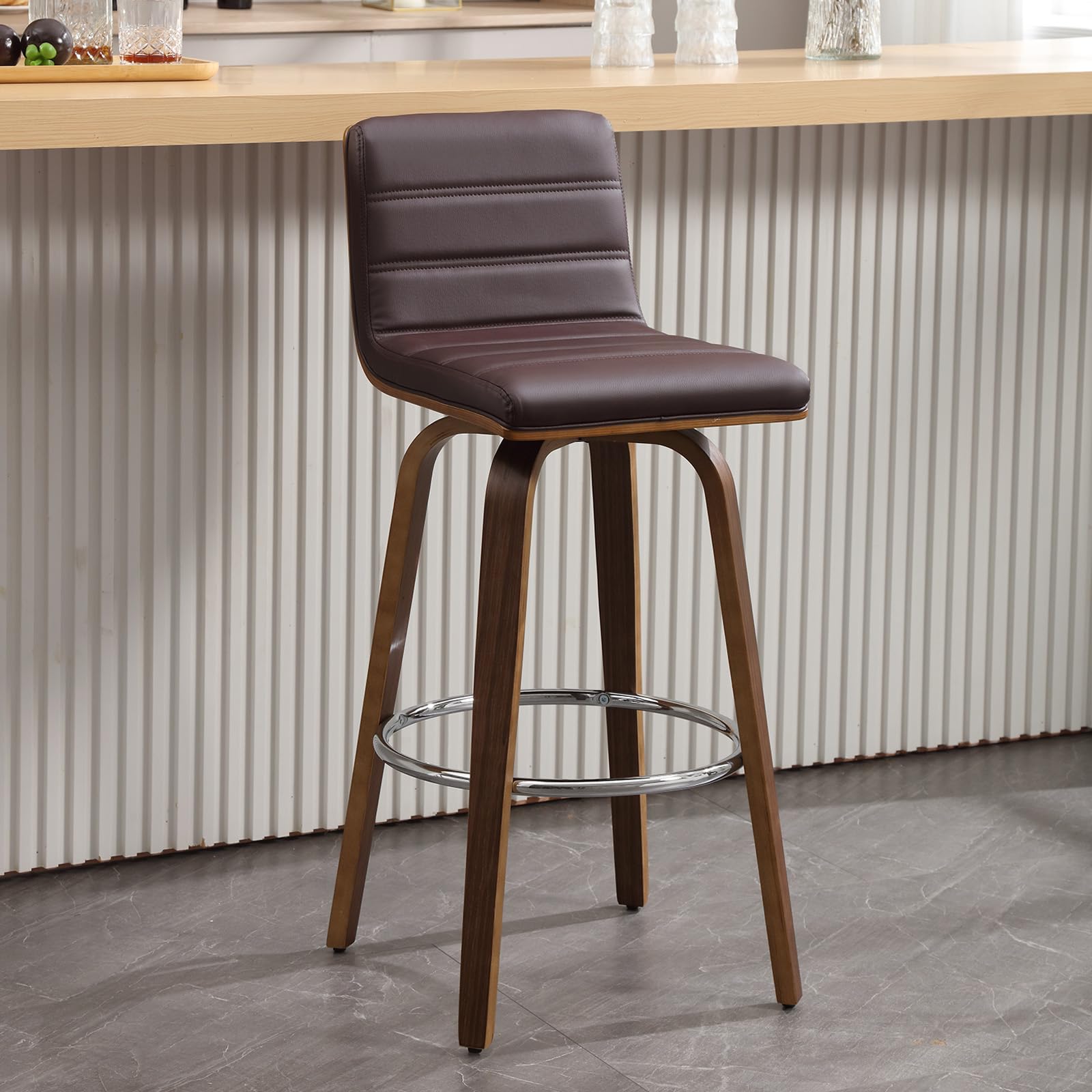 Bar Stools 29 Inch Bar Height, Swivel Bar Stools with Backs Upholstered PU Leather Barstool, L Shape Back and Padded Seat, Mid-Century Modern Bar Stool Pub Chairs for Kitchen Counter Island, Black