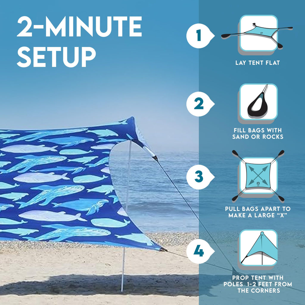 Neso Gigante Portable Beach Tent Sun Shelter - Lightweight Beach Shade Canopy - Easy Setup for Family Outings - Patented Reinforced Corners - UPF 50+ - 8ft Tall, 11 x 11ft - Save The Whales