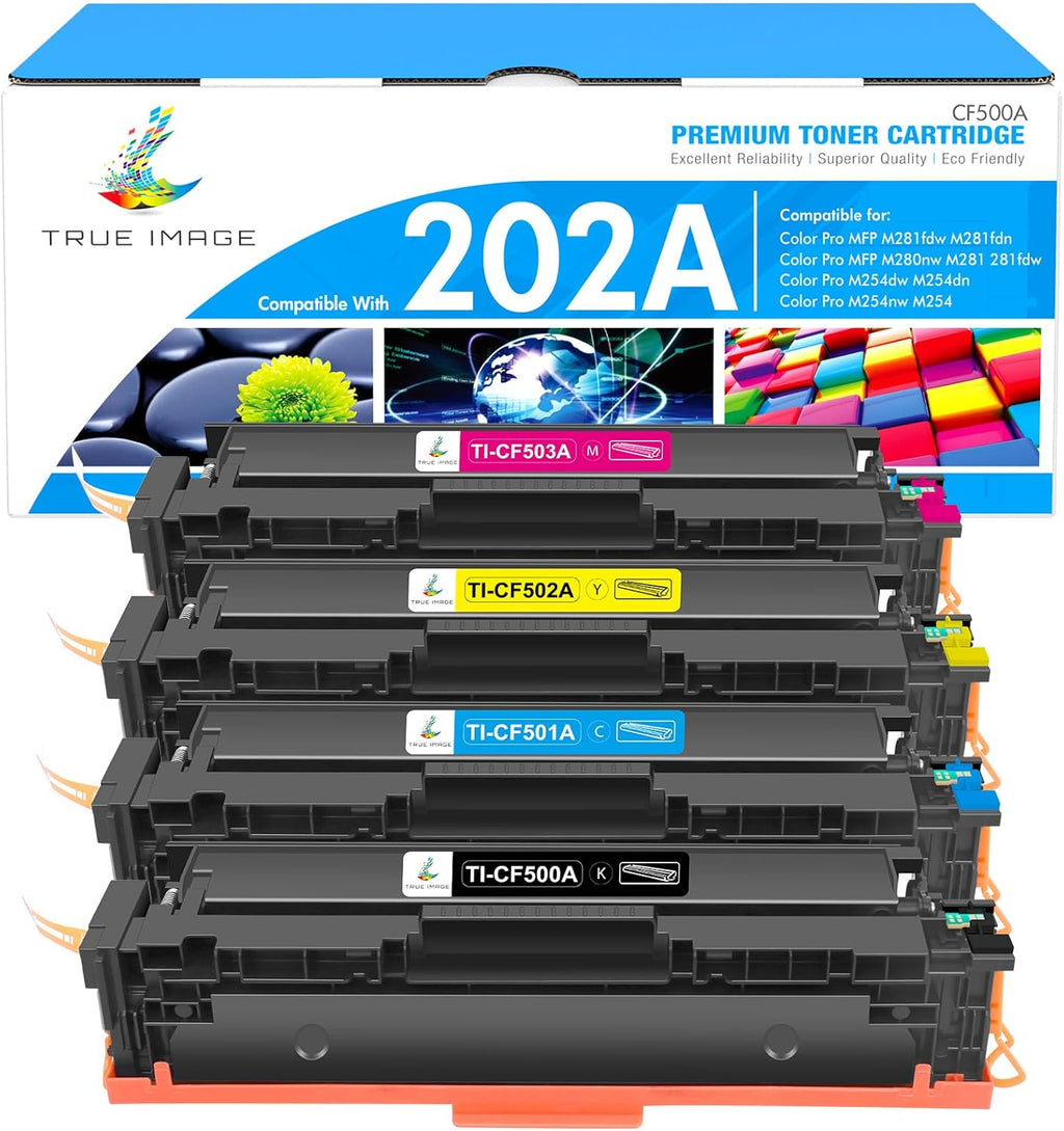 TRUE IMAGE Compatible Toner Cartridge Replacement for HP 202A CF500A 202X M281fdw HP Color Pro MFP M281fdw M281cdw M254dw M281fdn M254 M281 202 Toner Printer (Black Cyan Yellow Magenta, 4-Pack)