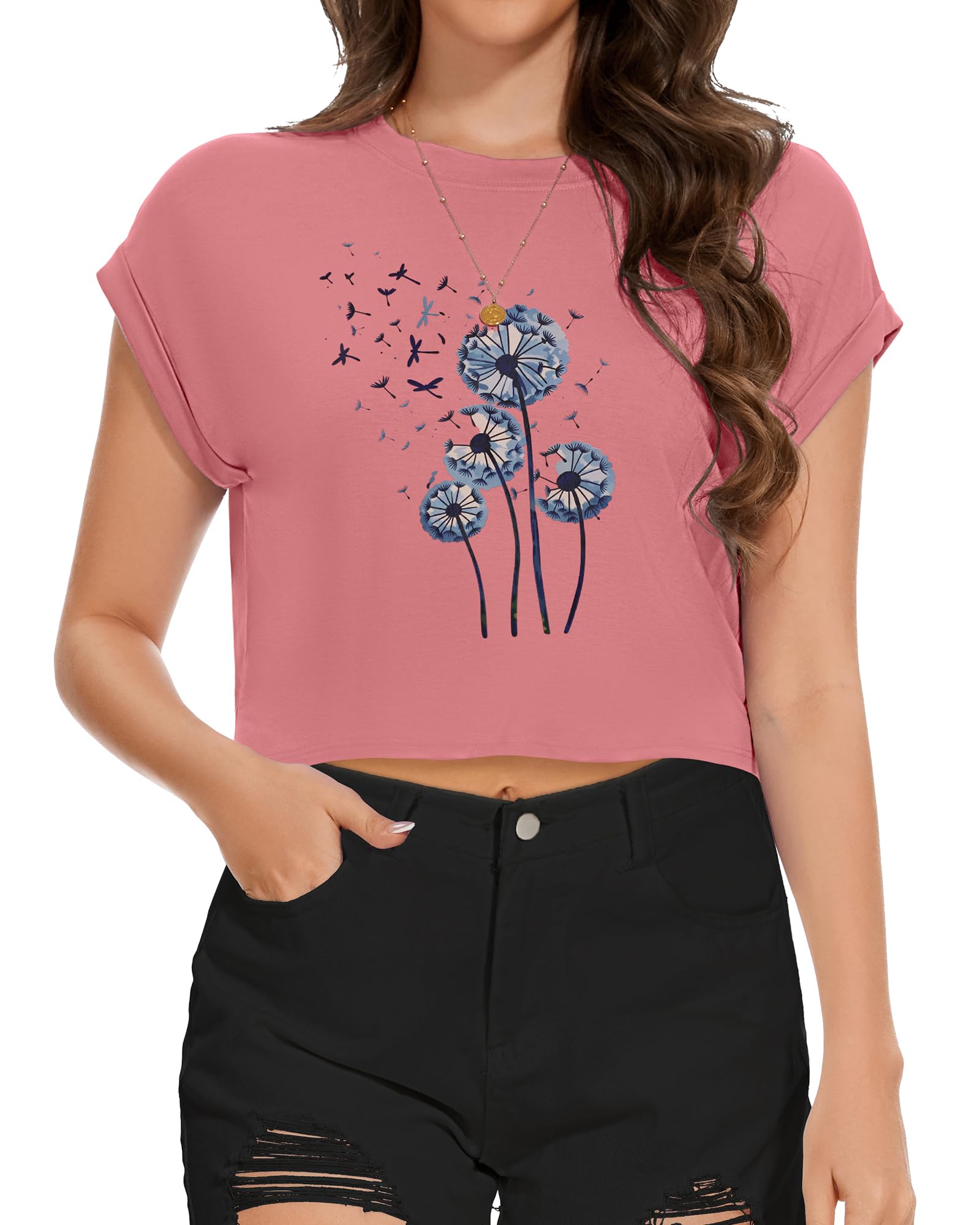 Summer Short Sleeve Crop Tops Womens Crewneck Roll Cap Sleeve T Shirts Loose Fit Basic Tees 2026