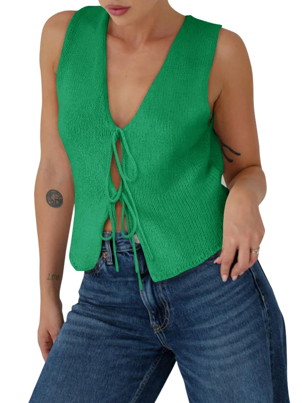 Yousify Womens Sweater Vests Tie Front Knit Vest Summer Ribbed Tank Tops Y2k Cute Vests Fashion Casual Sleeveless Tops
