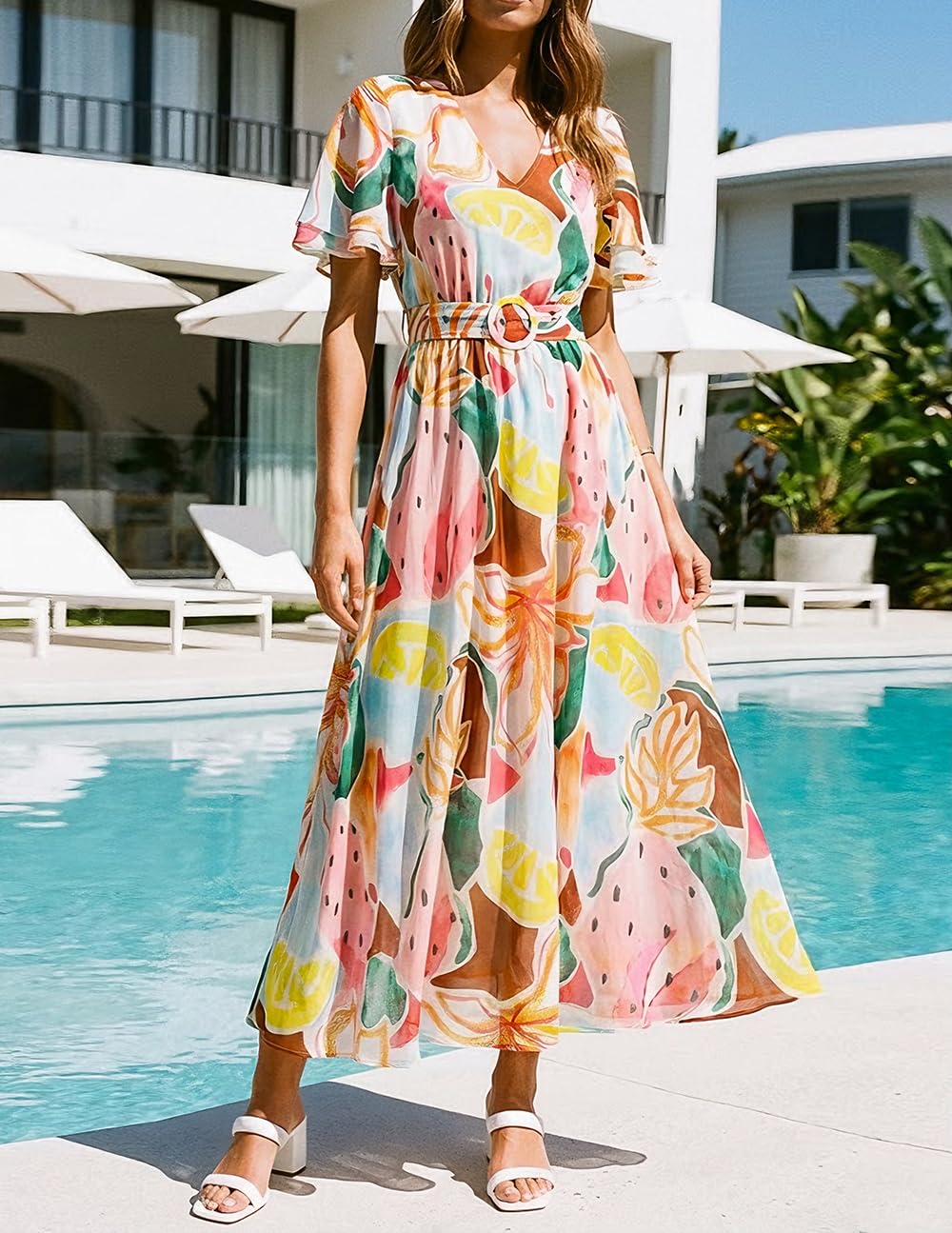 ZESICA Women's 2026 Summer Floral V Neck Midi Dress Boho Short Sleeve High Waist Flowy Beach Vacation Dresses with Belt