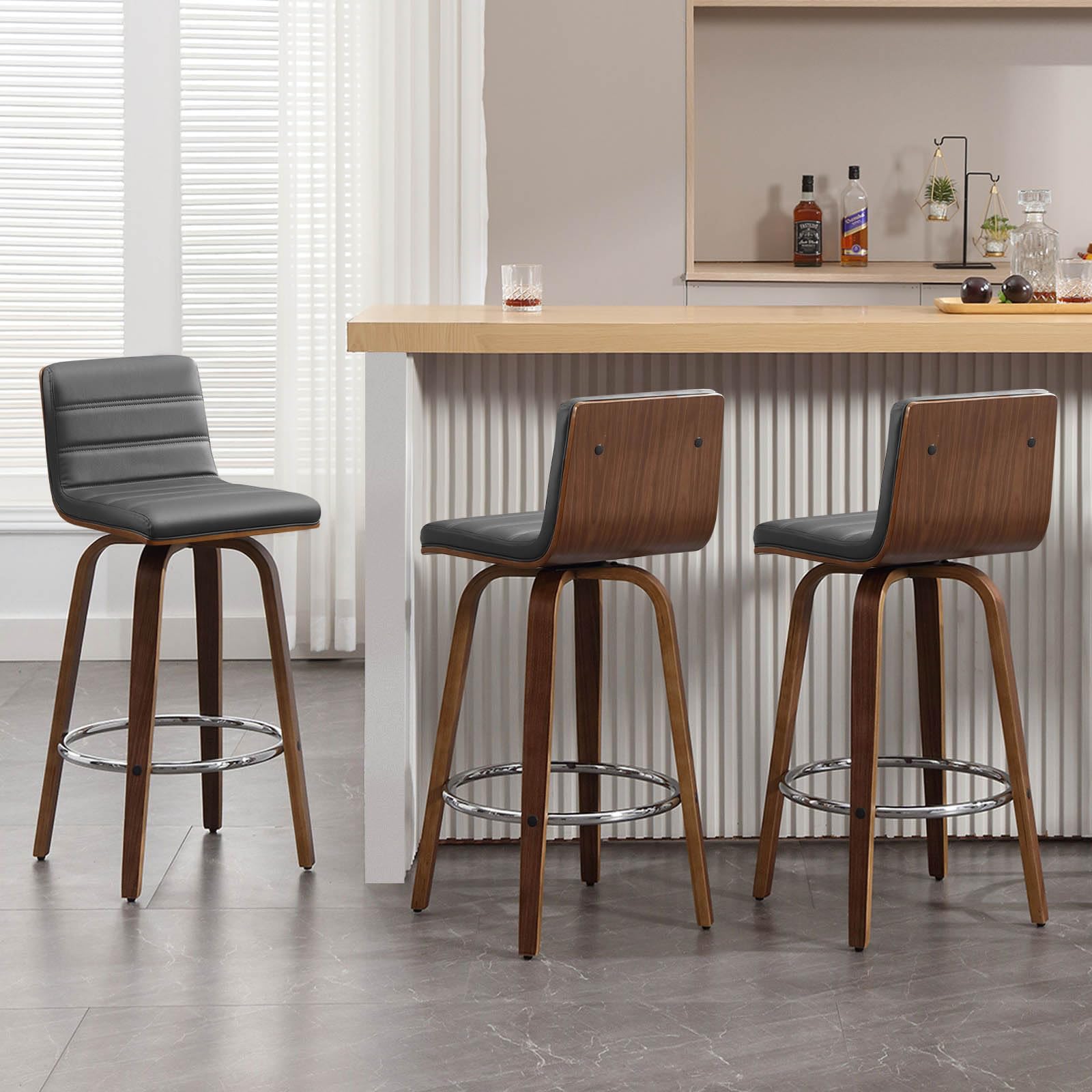 Bar Stools 29 Inch Bar Height, Swivel Bar Stools with Backs Upholstered PU Leather Barstool, L Shape Back and Padded Seat, Mid-Century Modern Bar Stool Pub Chairs for Kitchen Counter Island, Black