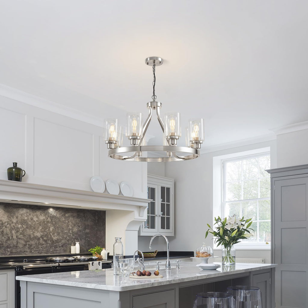 Lanhall 6-Light Modern Dining Room Light Fixture Brushed Nickel Kitchen Chandelier Ceiling Hanging Pendant Lighting with Glass Shade for Living Room Bedroom Entryway Adjustable Height Metal E26
