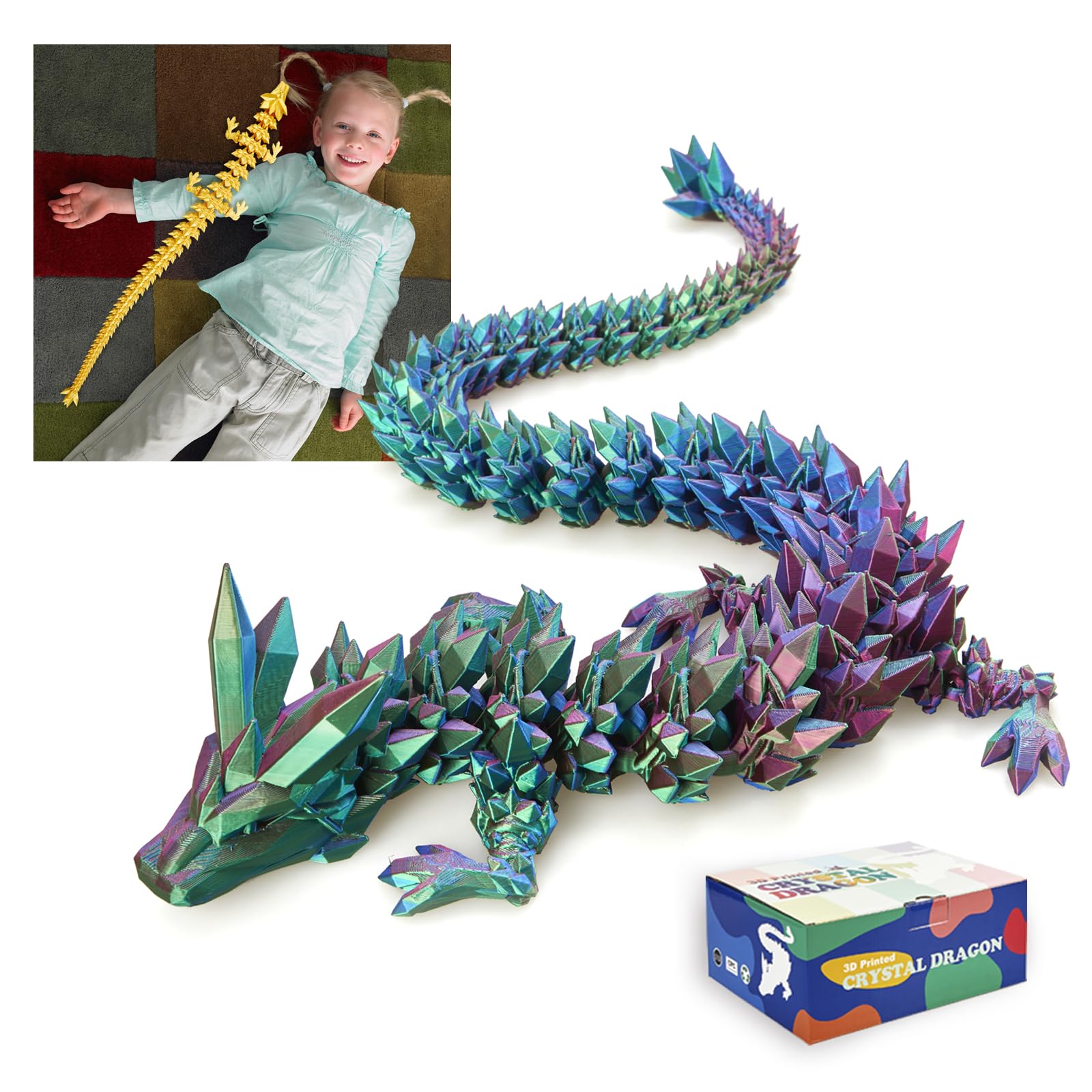 24" Large 3D Printed Dragon - Huge Articulated Crystal Dragon Fidget Toy, Giant Flexible 3D Dragon Figure, Birthday Gift for Boys Girls Kids & Collectors, Home Office Executive Desk Decor