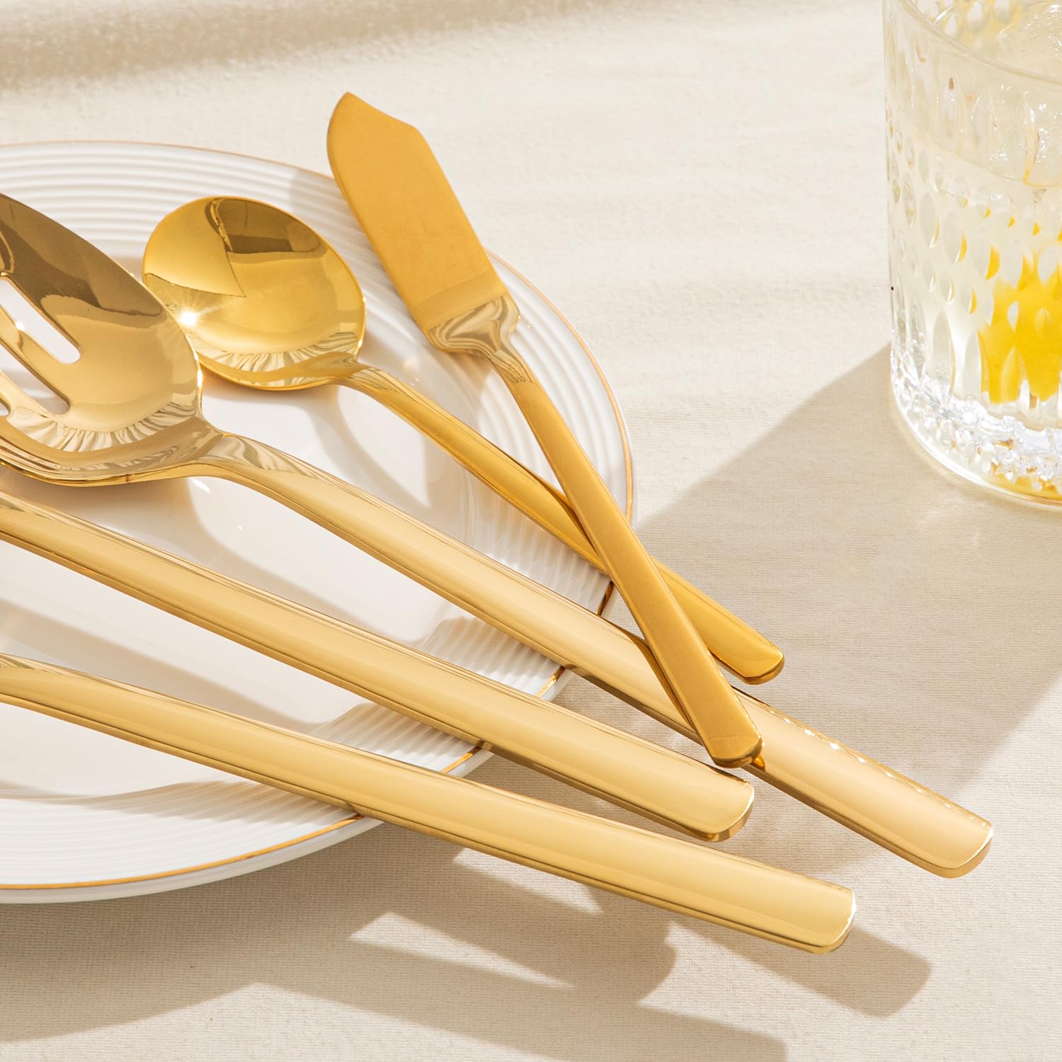 KINGSTONE Large Hostess Gold Serving Utensils Set,18/10 Stainless Steel Heavy Duty 10inch Serving Spoons,Slotted Spoons,Serving Fork,Serving Tongs, Cake Pie Server For Buffet, Wedding, Party