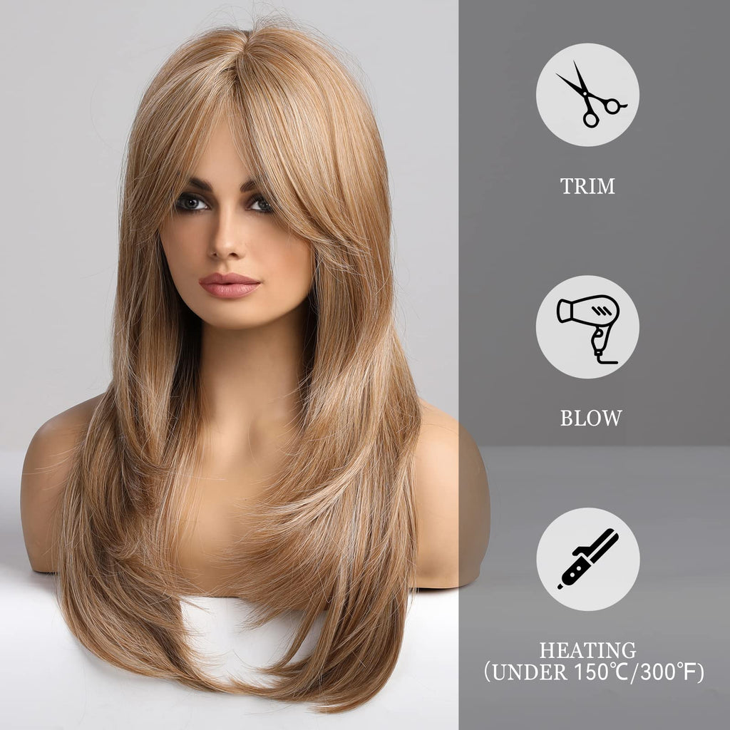 HAIRCUBE Auburn Wigs for Women,Long Layered Orange Wigs with Bangs Heat Resistant Synthetic Fibre Wigs(pelucas de cabello natural)