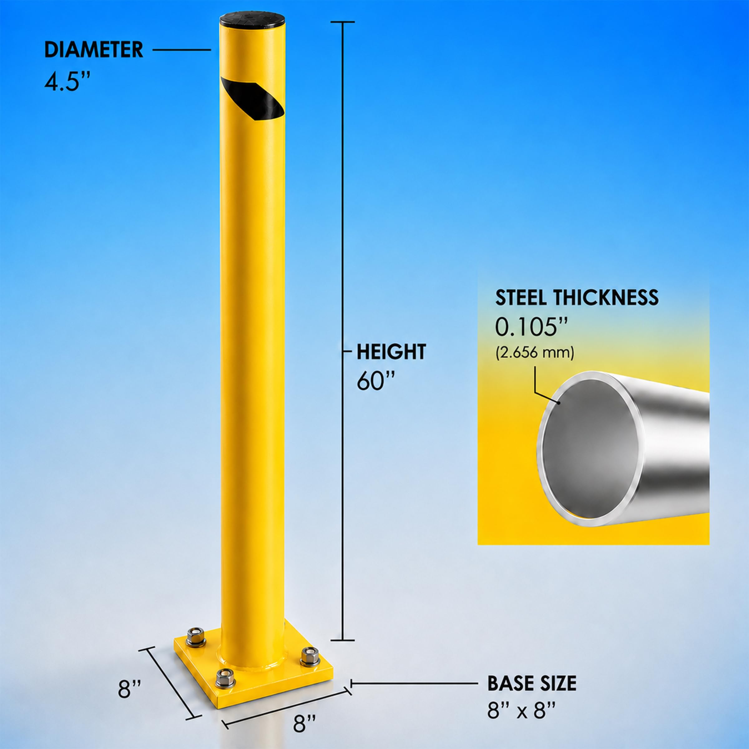Crowd Control Warehouse Trafford Industrial Steel Bollards 24” Height, Safety Steel Post, Yellow Powder-Coated Finish Heavy Duty Fillable with Concrete, for Driveway Barrier, Parking Pole & Traffic