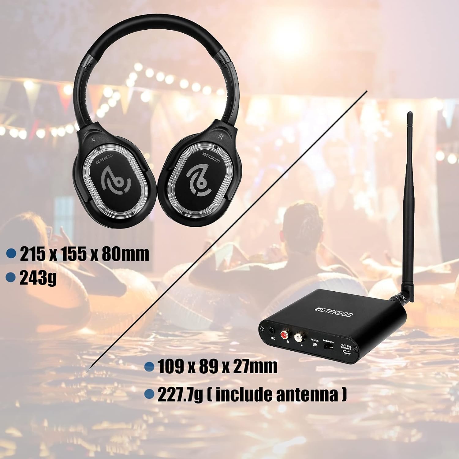 Retekess TA003 Silent Disco System, Silent Disco Transmitter, 3 Channels,Plug and Play, 300m Range for House Party, Fitness and School (1 Transmitter)