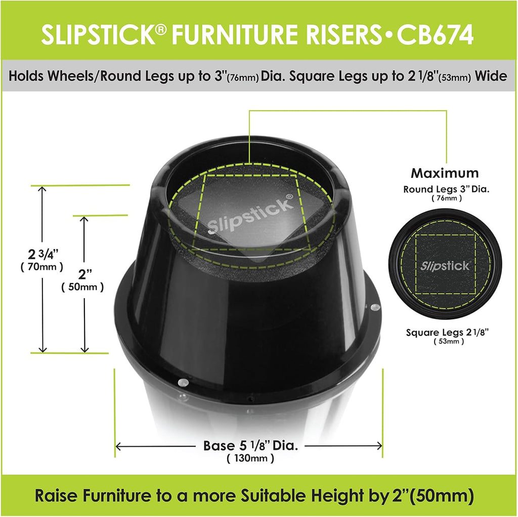 Slipstick CB674 Premium 2 Inch Furniture Risers/Bed Raisers with Steel Reinforced Top (4 Pack) Adds 2" Height, Supports 2,640 Pounds, Stackable with CB671