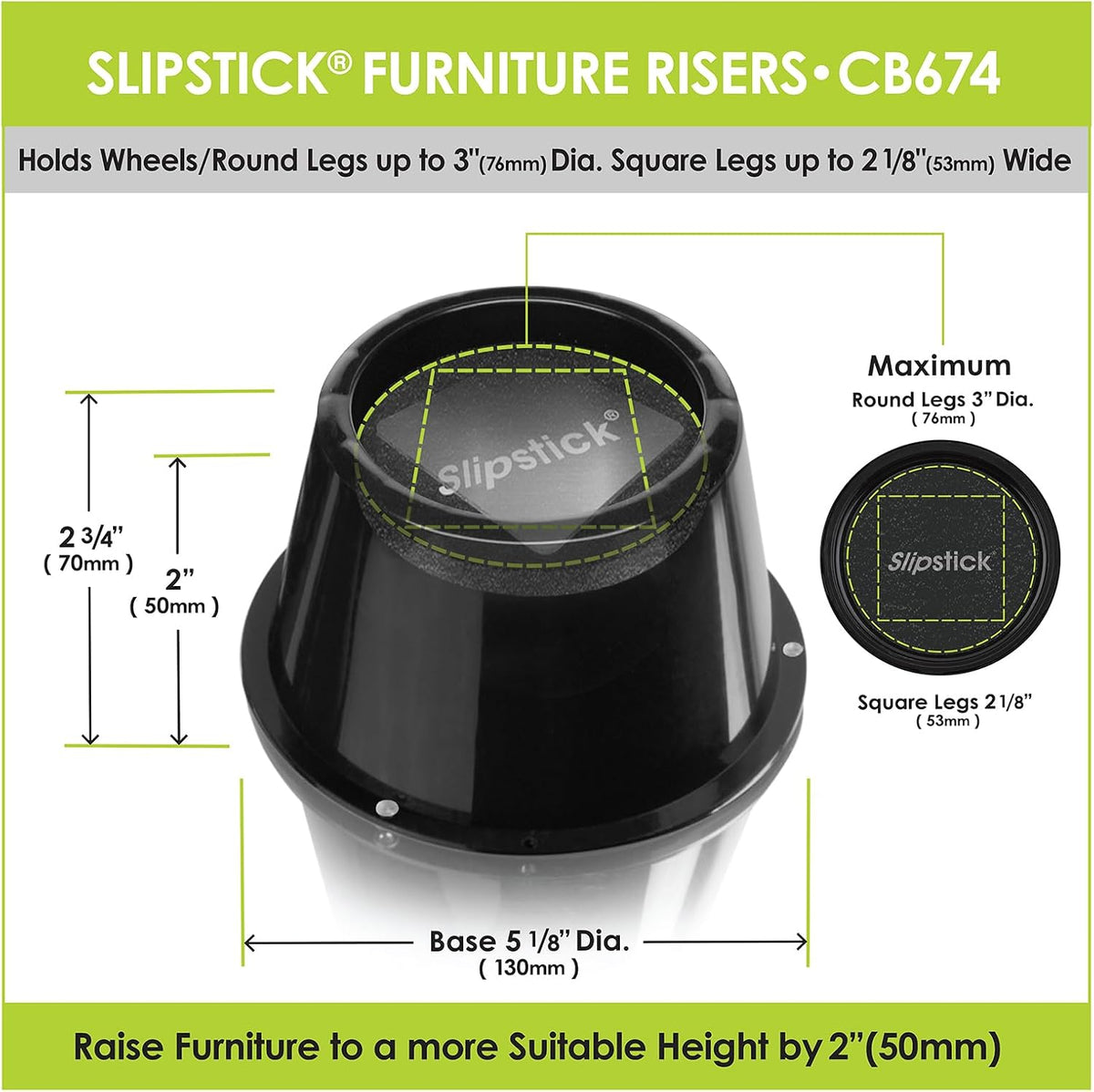 Slipstick CB674 Premium 2 Inch Furniture Risers/Bed Raisers with Steel Reinforced Top (4 Pack) Adds 2" Height, Supports 2,640 Pounds, Stackable with CB671