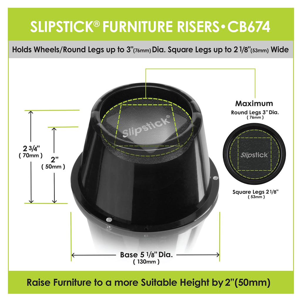 Slipstick CB674 Premium 2 Inch Furniture Risers/Bed Raisers with Steel Reinforced Top (4 Pack) Adds 2" Height, Supports 2,640 Pounds, Stackable with CB671