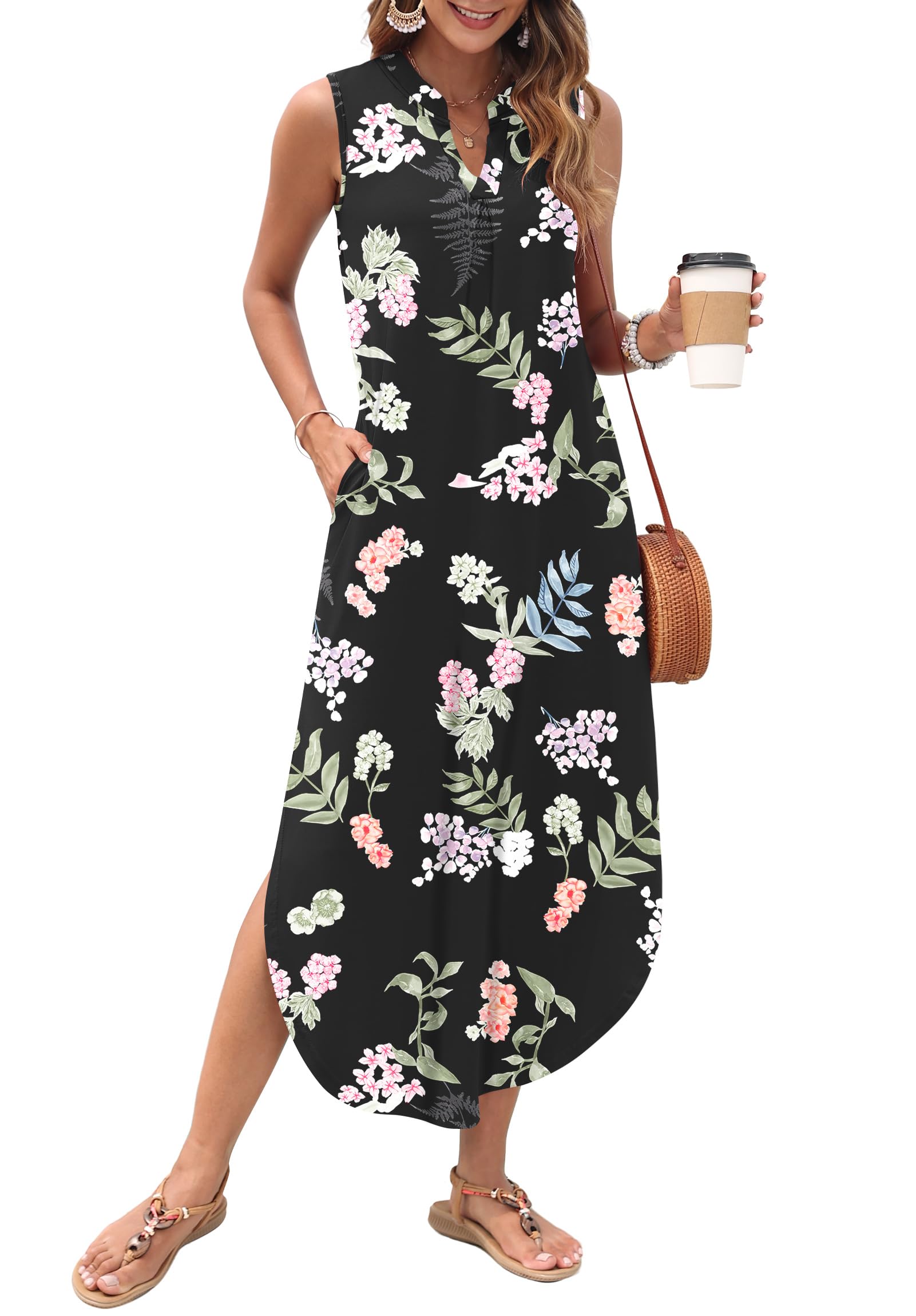 AUSELILY Womens Summer Casual Maxi Dresses 2026 Sleeveless Long Beach Dresses V Neck Loose Sundresses with Side Split Pockets
