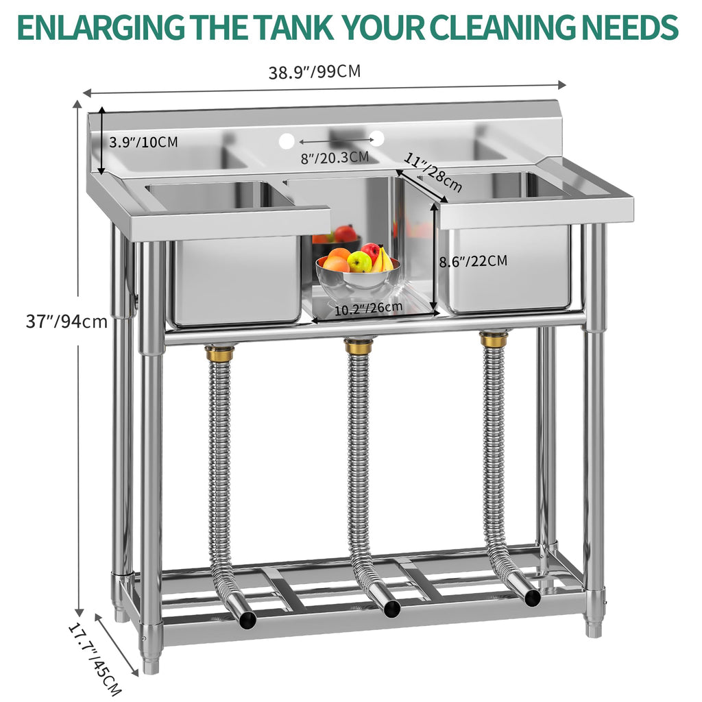 YITAHOME Freestanding Commercial 3 Bay Kitchen Under bar Sink NSF Stainless Steel 3 Compartment Bowl Outdoor Sink with Storage Shelve, Backsplash for Restaurant, Food Truck & Home (39"x 18"x 37")
