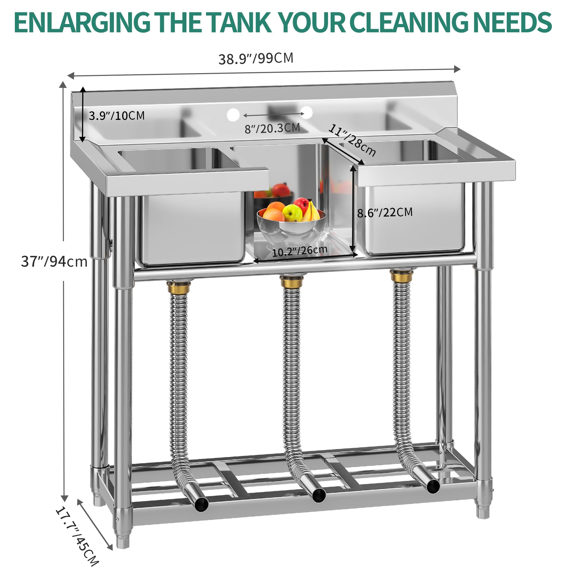 YITAHOME Freestanding Commercial 3 Bay Kitchen Under bar Sink NSF Stainless Steel 3 Compartment Bowl Outdoor Sink with Storage Shelve, Backsplash for Restaurant, Food Truck & Home (39"x 18"x 37")