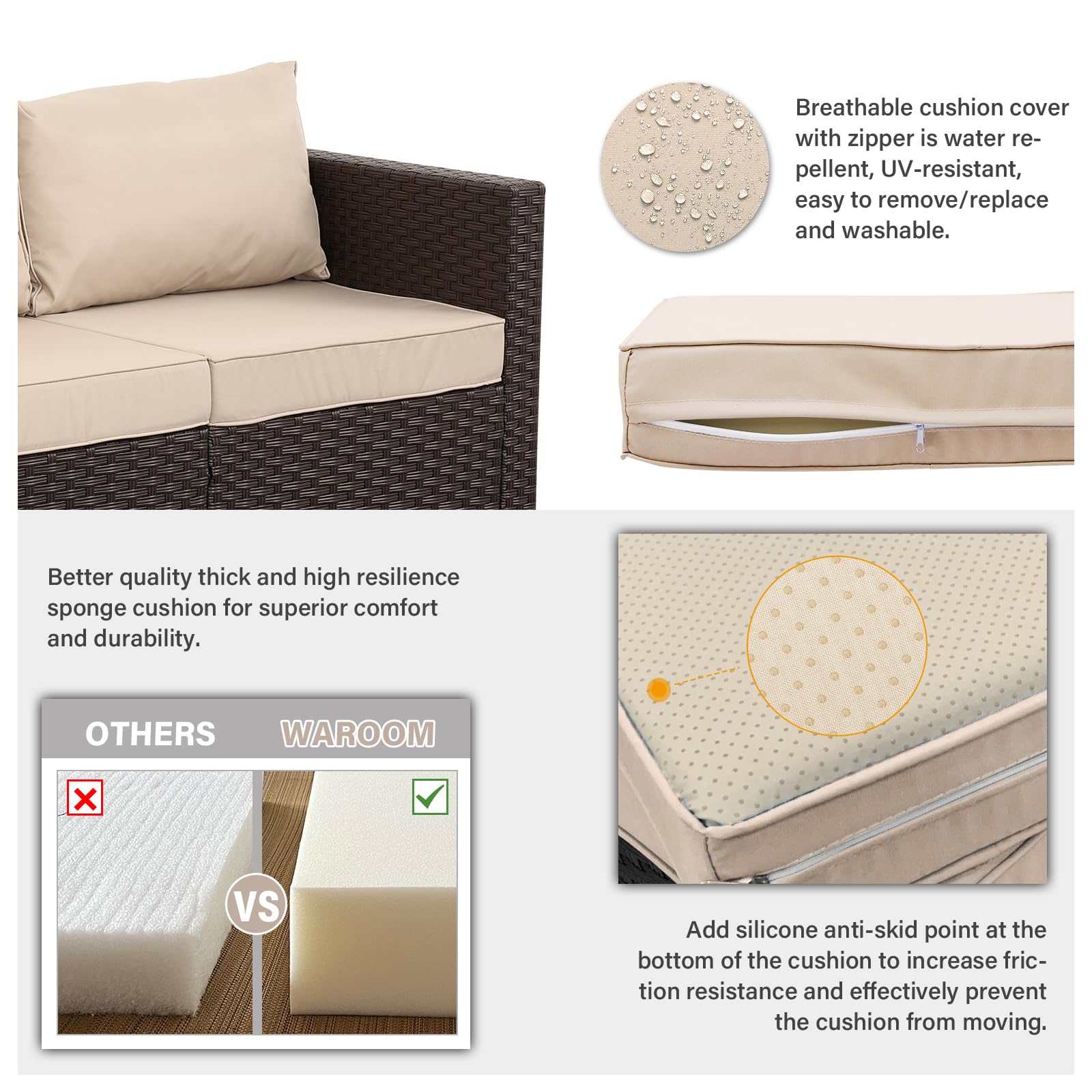 WAROOM Patio Couch PE Rattan 3-Seat Outdoor Sofa Brown Wicker Furniture Set Deep Seating with Anti-Slip Beige Cushion
