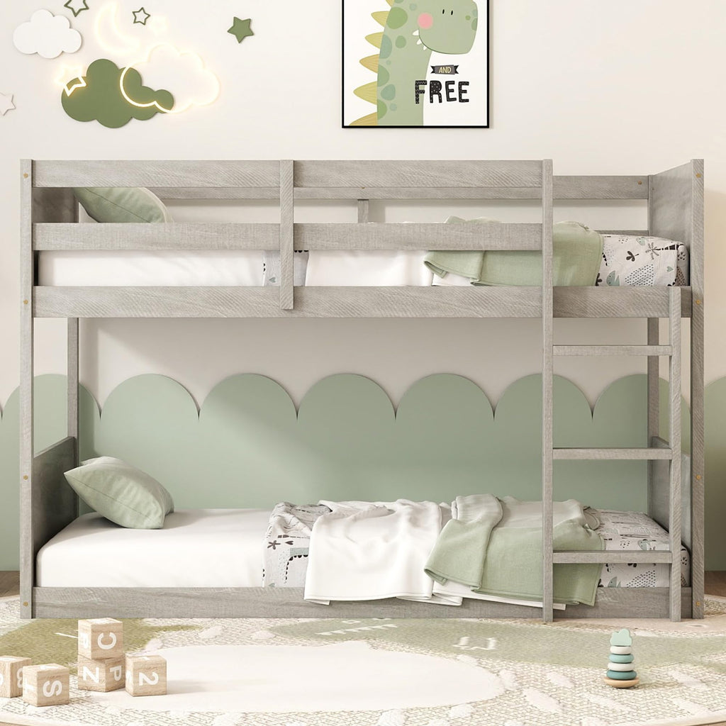 Bunk Bed Twin Over Twin, Wood Low Profile Floor Twin Bunk Beds with Headboard Ladder Guardrails for Kids Boys and Girls, No Box Spring Needed