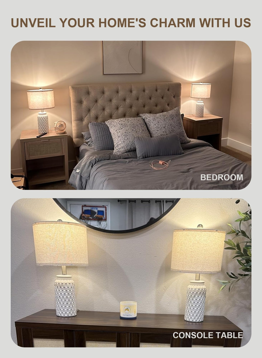 USumkky 20.5" Gold Modern Ceramic Bedside Lamp Set of 2 for Bedroom Decor Farmhouse Table Lamp for Living Room Office Dorm