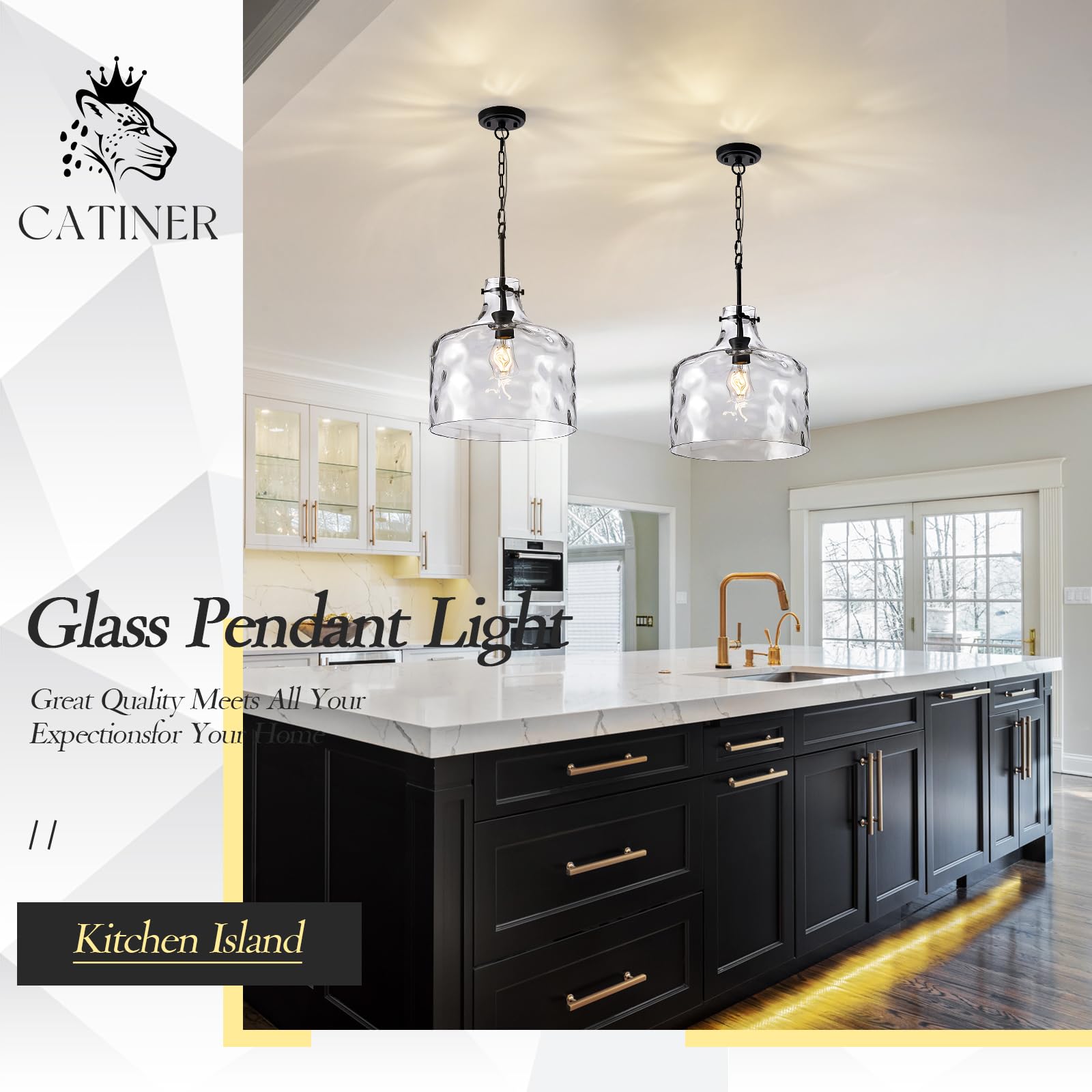 Glass Large Pendant Lights for Kitchen Island Blown Glass Pendant Light Clear Hammered Shade Hanging Ceiling Lights with Black Finish for for Kitchen Island, Sink, Hallway, Living Room 11 inch