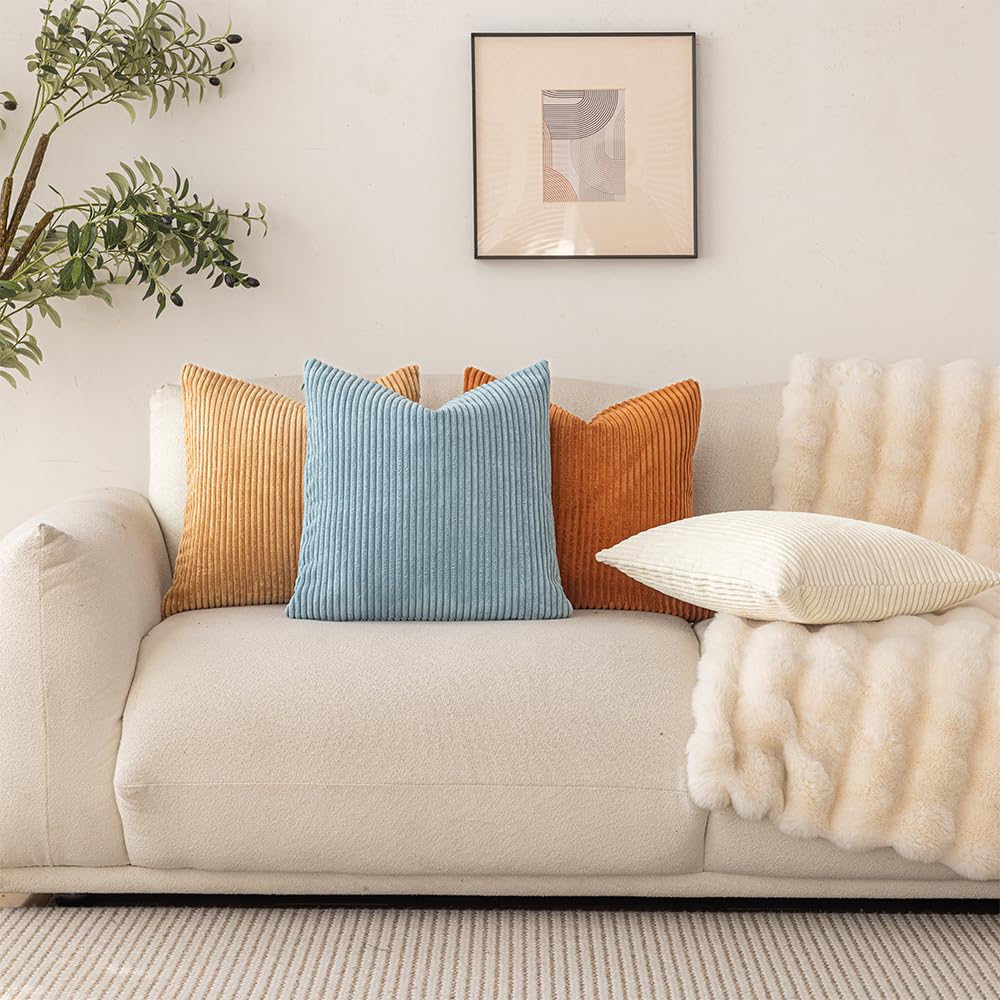 LANANAS Neutral Couch Throw Pillow Covers 18x18 Inch Set of 4 Decorative Farmhouse Boho Throw Pillows for Living Room, Couch, Bed, Sofa Soft Corduroy Accent Home Decor (Blue Ocean, 18x18 Inch)